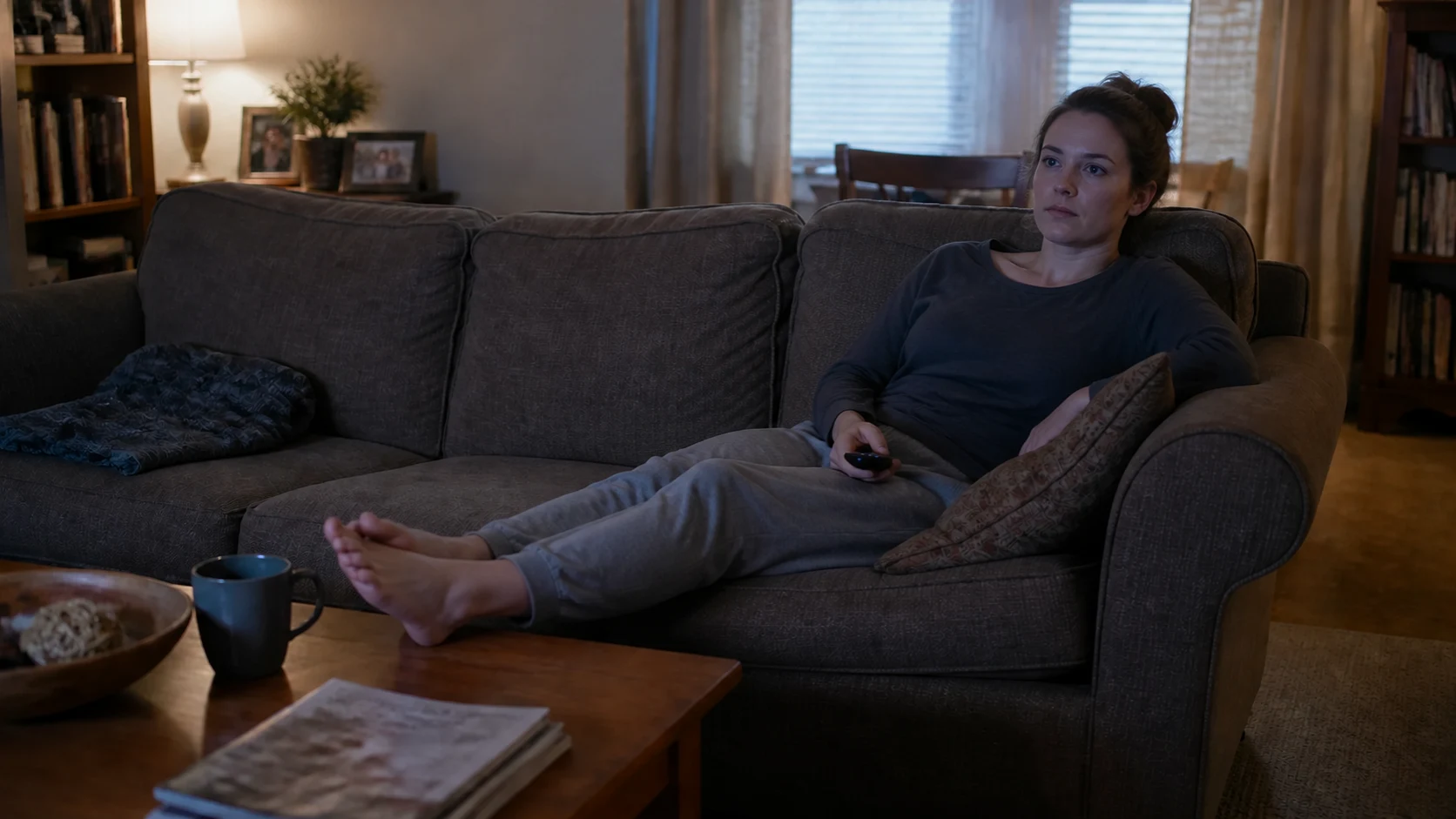 One woman relaxing barefoot on an ordinary sofa while watching television