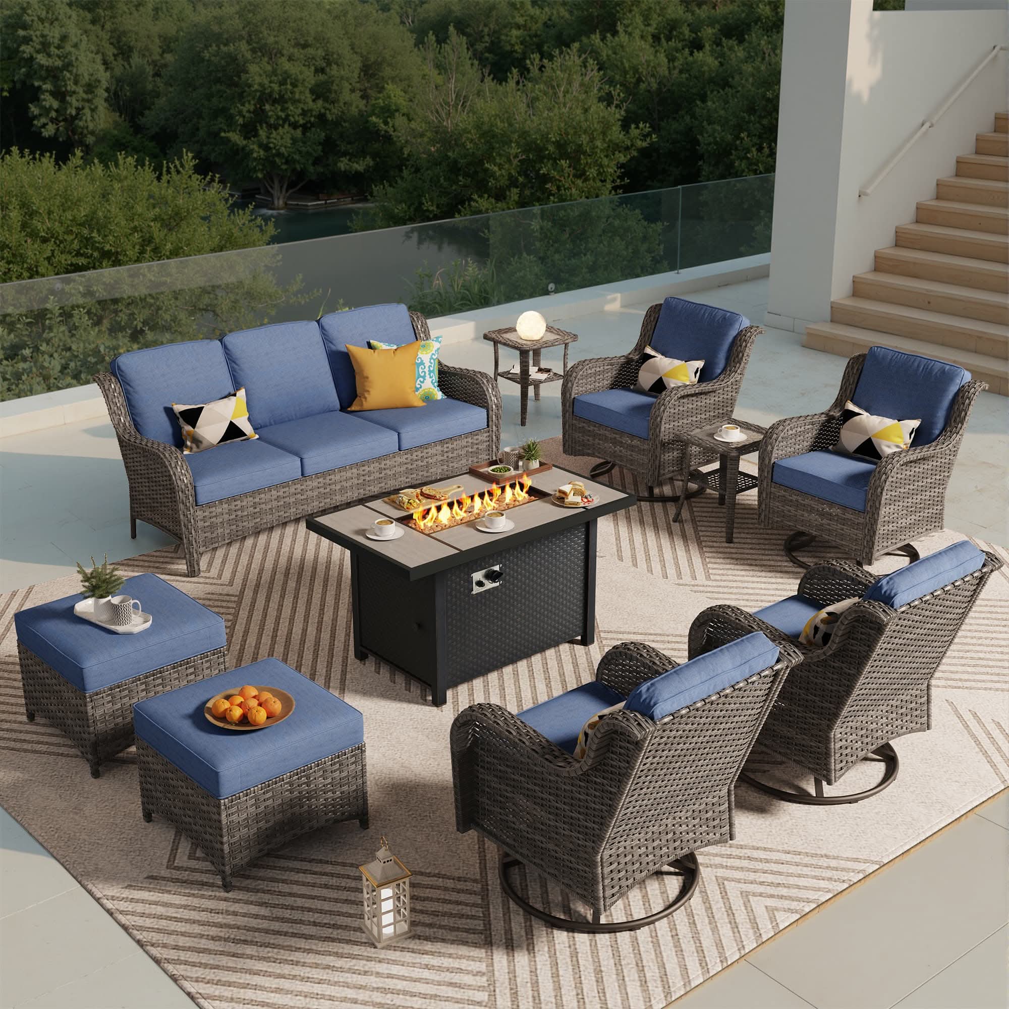 OVIOS 10-Piece Outdoor Wicker Patio Set with Fire Pit Table