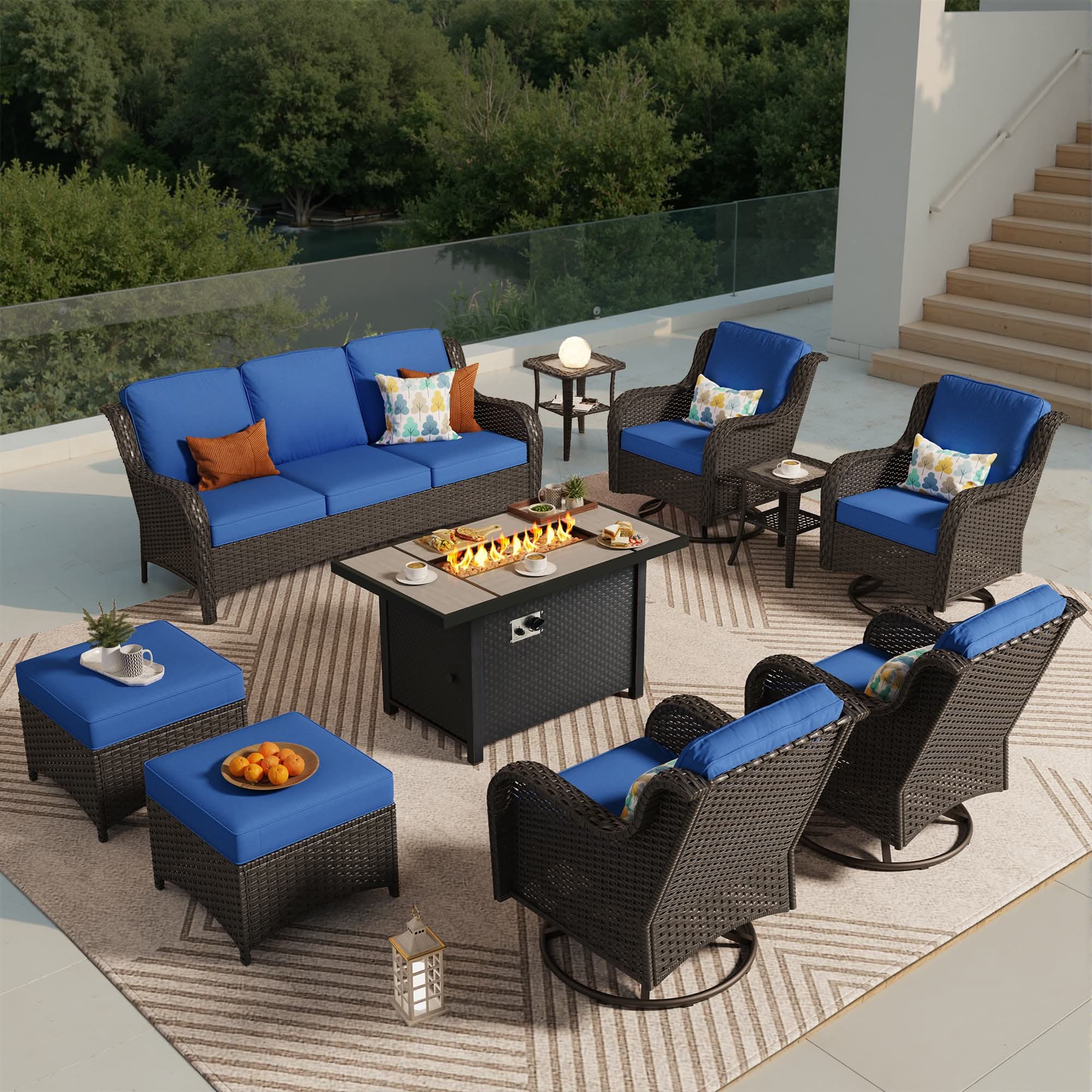 OVIOS 10-Piece Outdoor Wicker Patio Set with Fire Pit Table, view 3