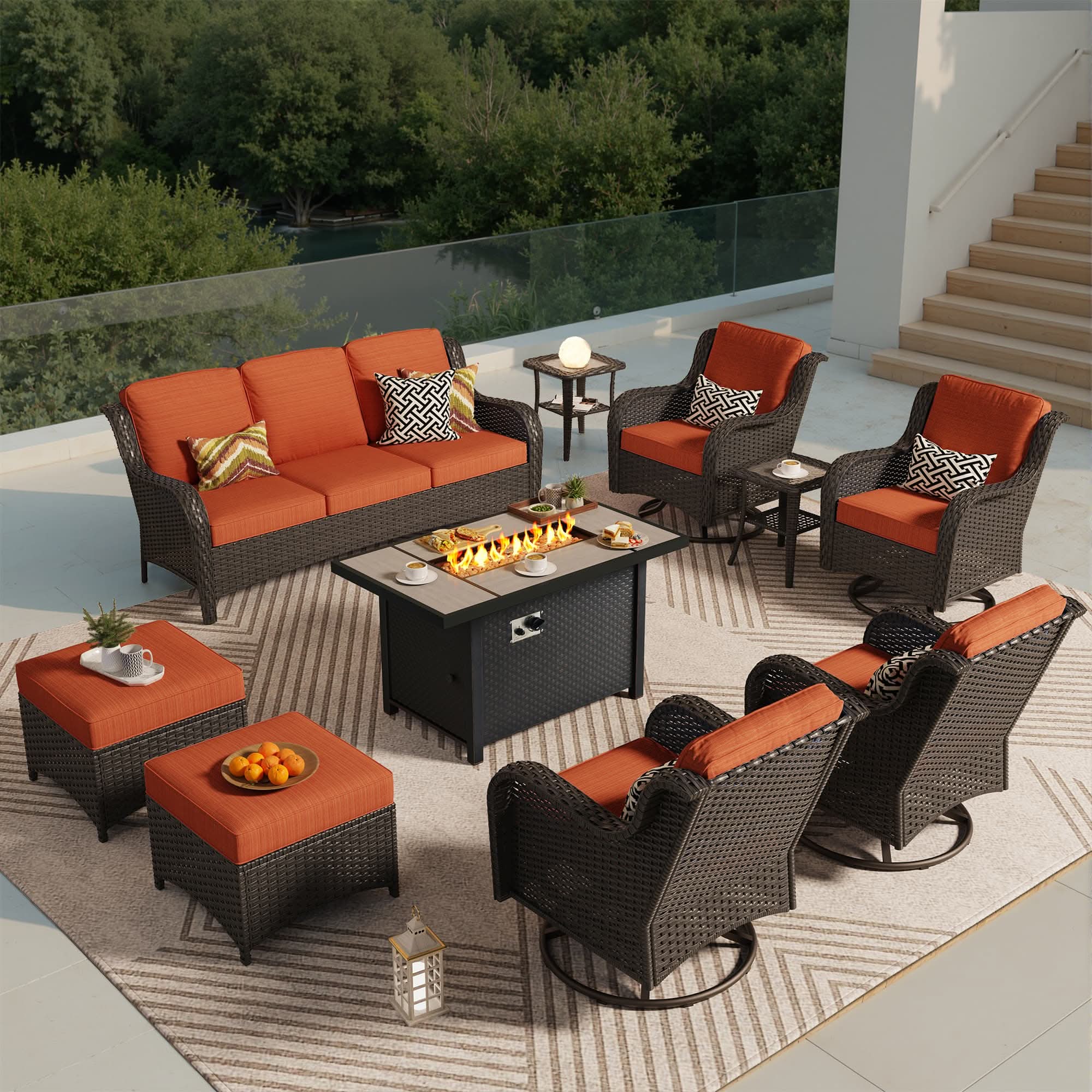 OVIOS 10-Piece Outdoor Wicker Patio Set with Fire Pit Table, view 4