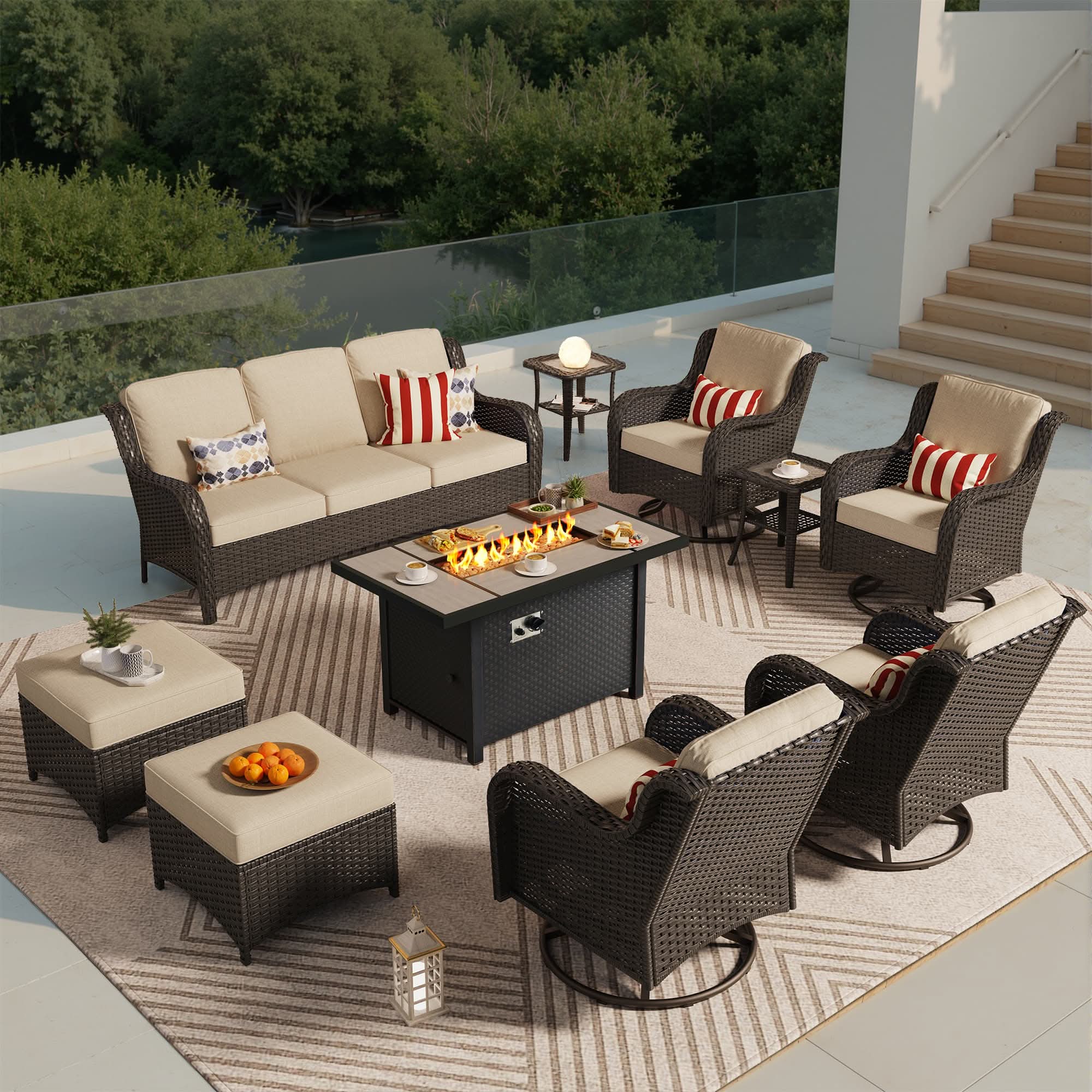 OVIOS 10-Piece Outdoor Wicker Patio Set with Fire Pit Table, view 5
