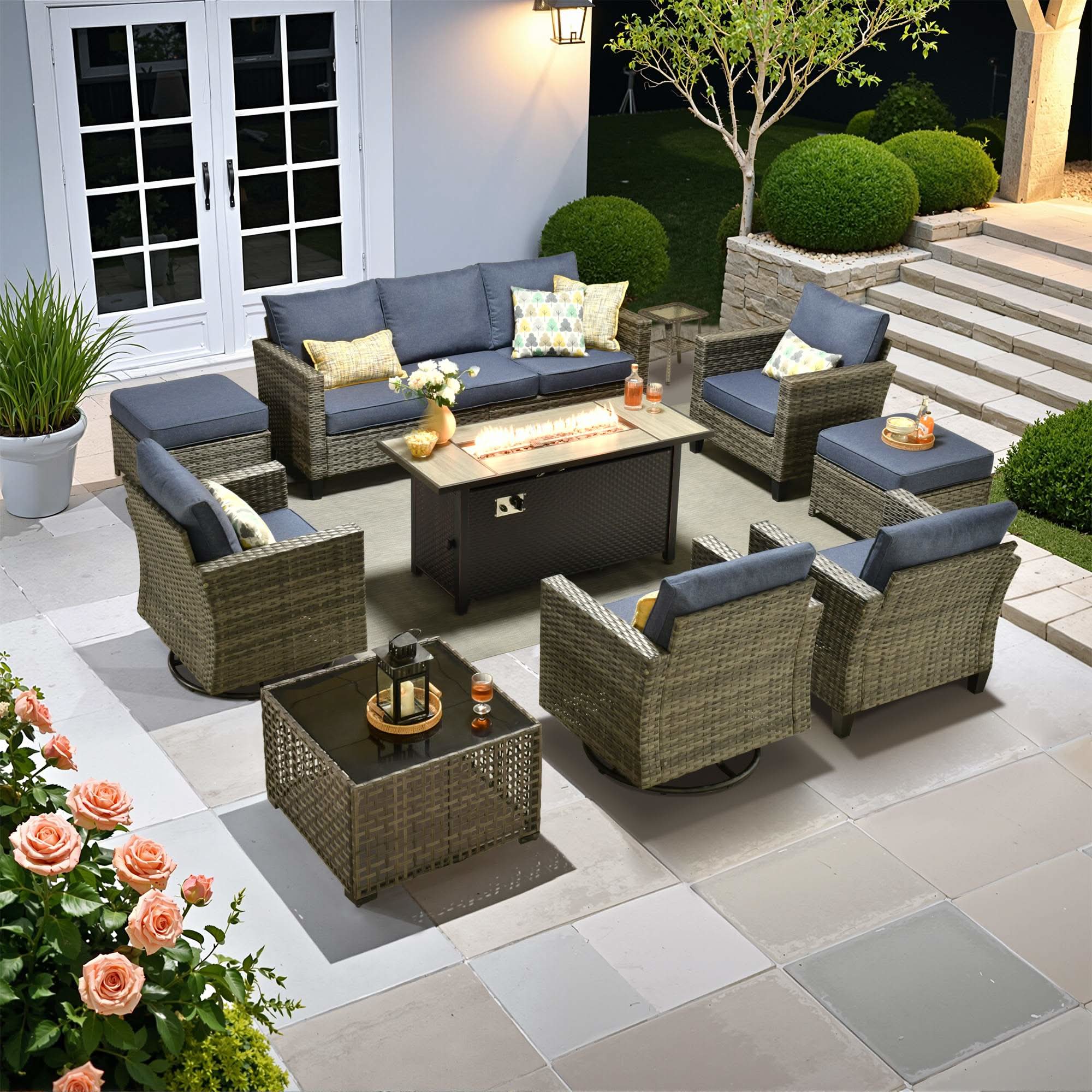 OVIOS 10-Piece Patio Conversation Set with 54‘’ Mental Fire Pit & Swivel Chairs