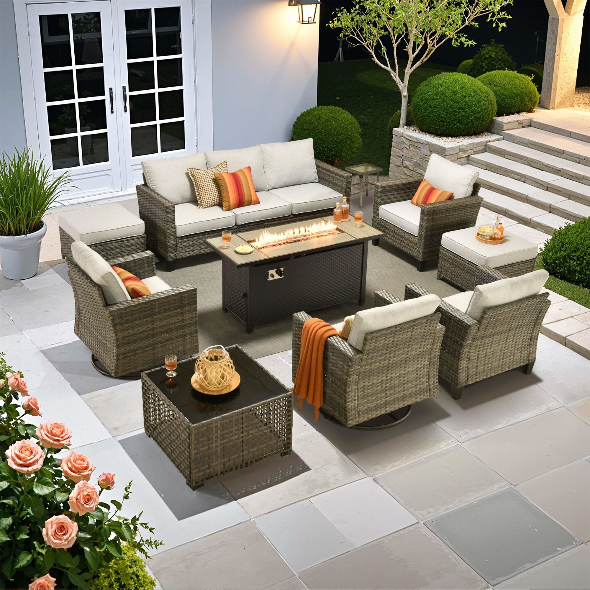 OVIOS 10-Piece Patio Conversation Set with 54‘’ Mental Fire Pit & Swivel Chairs, view 3