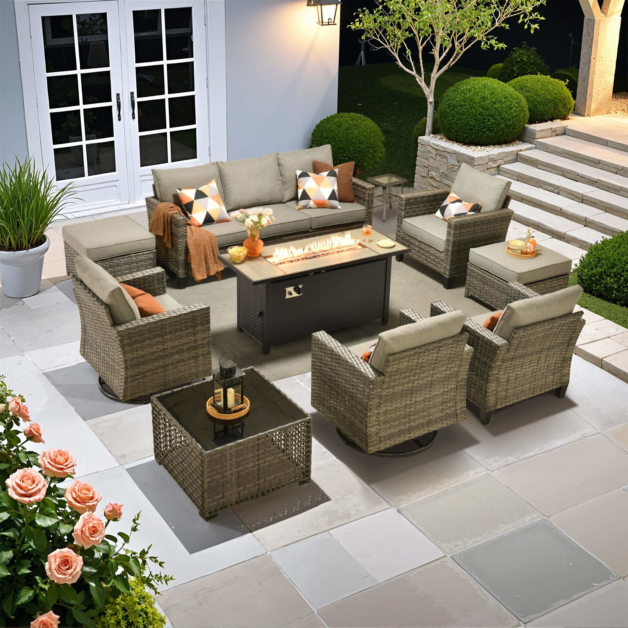 OVIOS 10-Piece Patio Conversation Set with 54‘’ Mental Fire Pit & Swivel Chairs, view 4