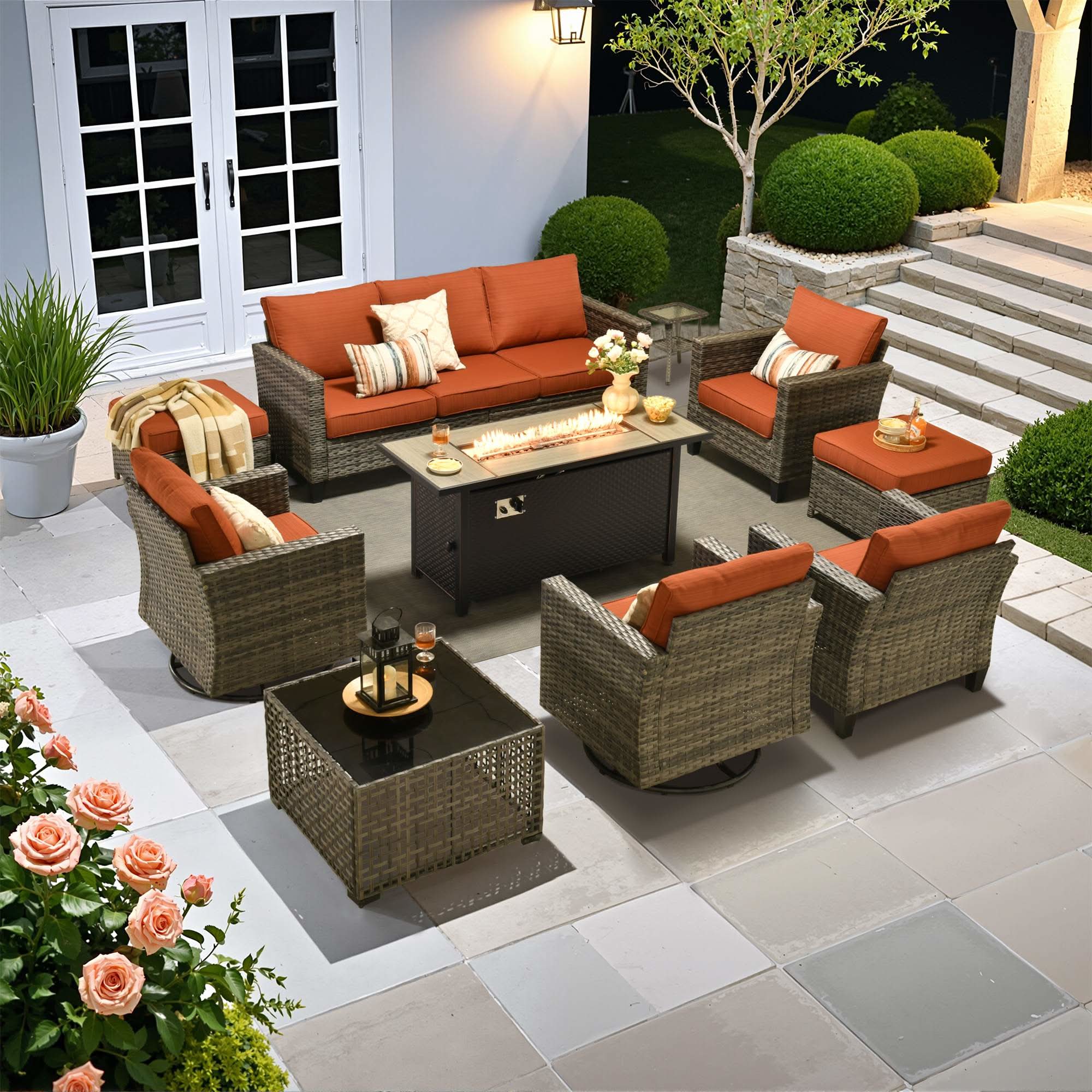 OVIOS 10-Piece Patio Conversation Set with 54‘’ Mental Fire Pit & Swivel Chairs, view 5