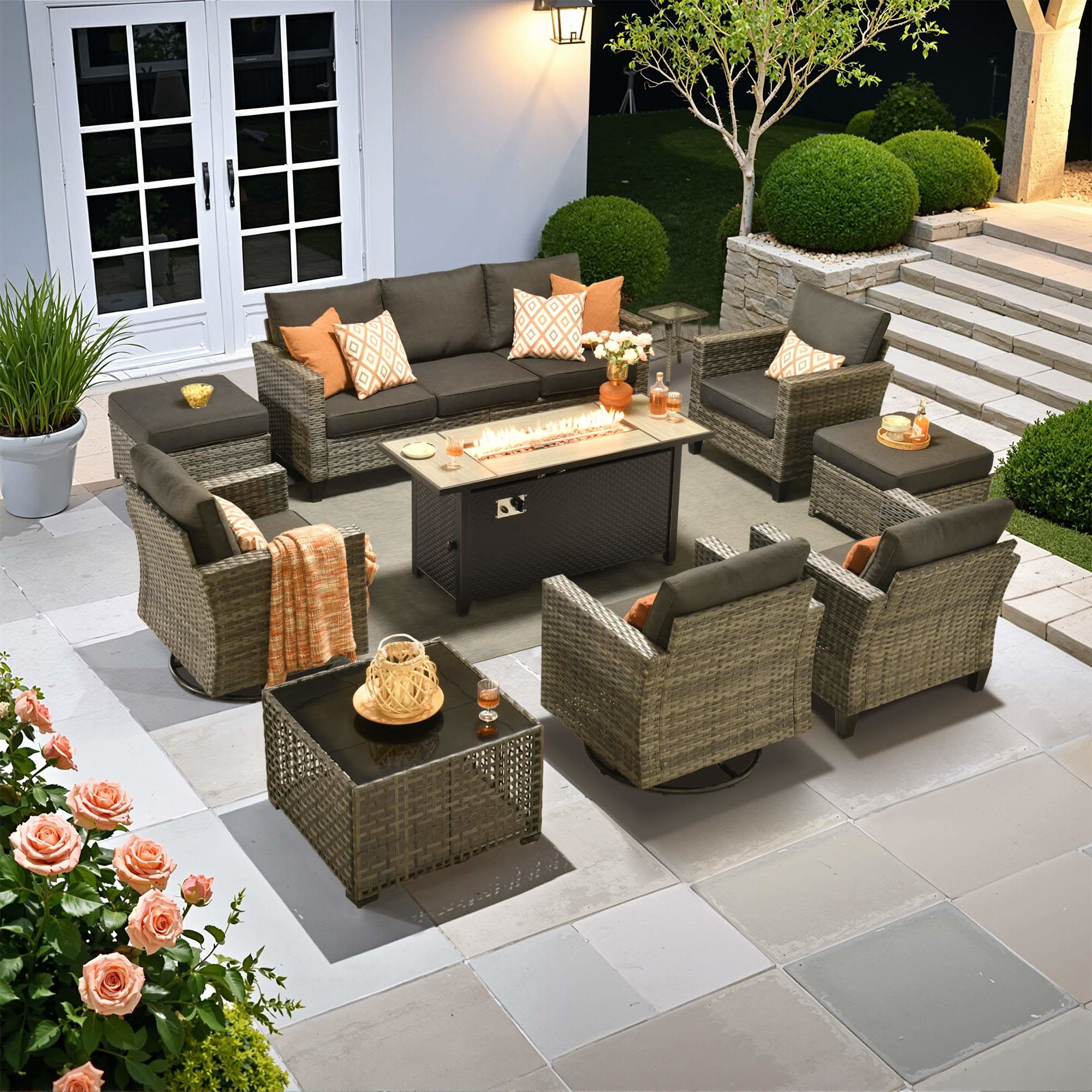 OVIOS 10-Piece Patio Conversation Set with 54‘’ Mental Fire Pit & Swivel Chairs, view 6