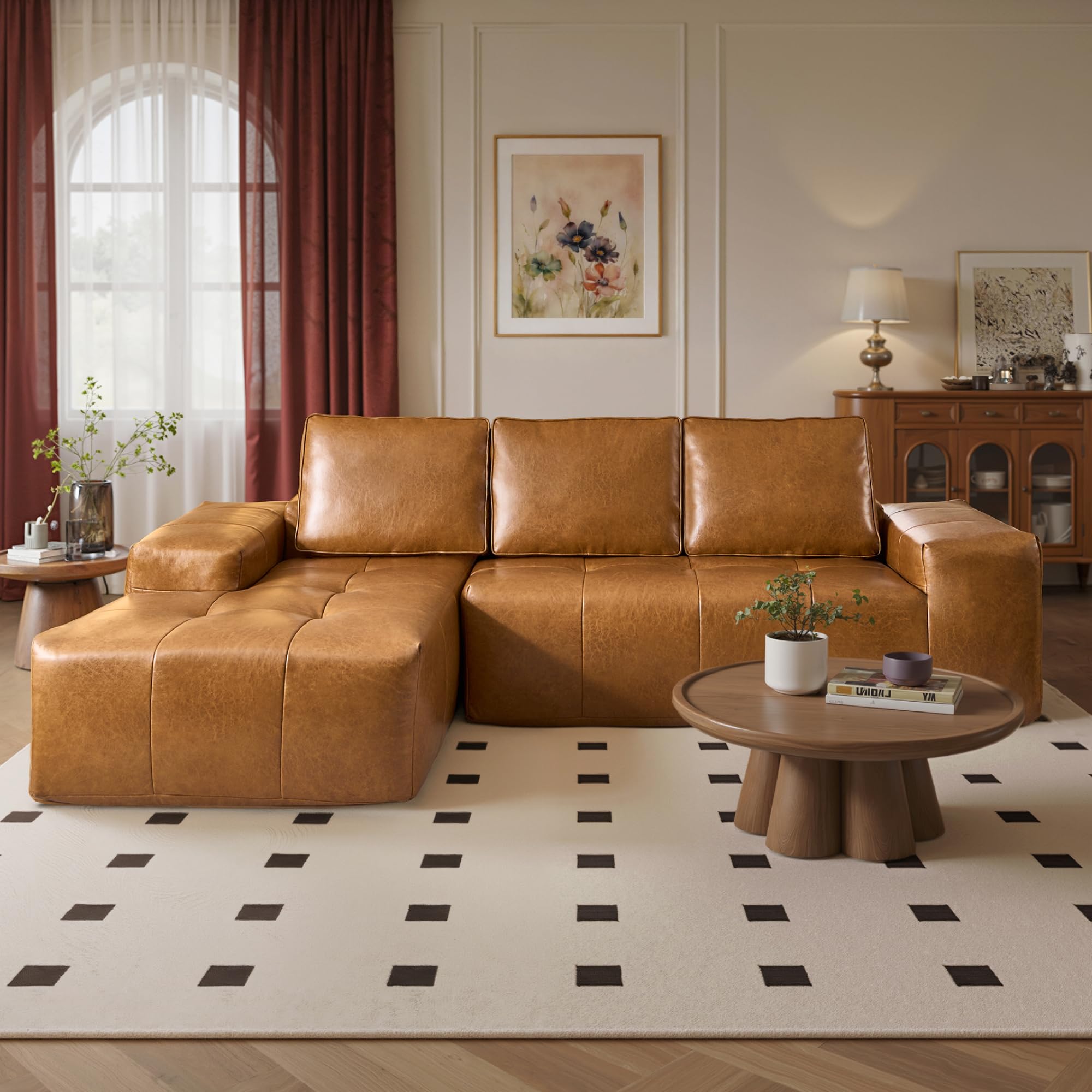 OVIOS 114" Cloud Sectional Sofa - L-Shaped Faux Leather Modular Couch with Deep Seat Chaise, view 3