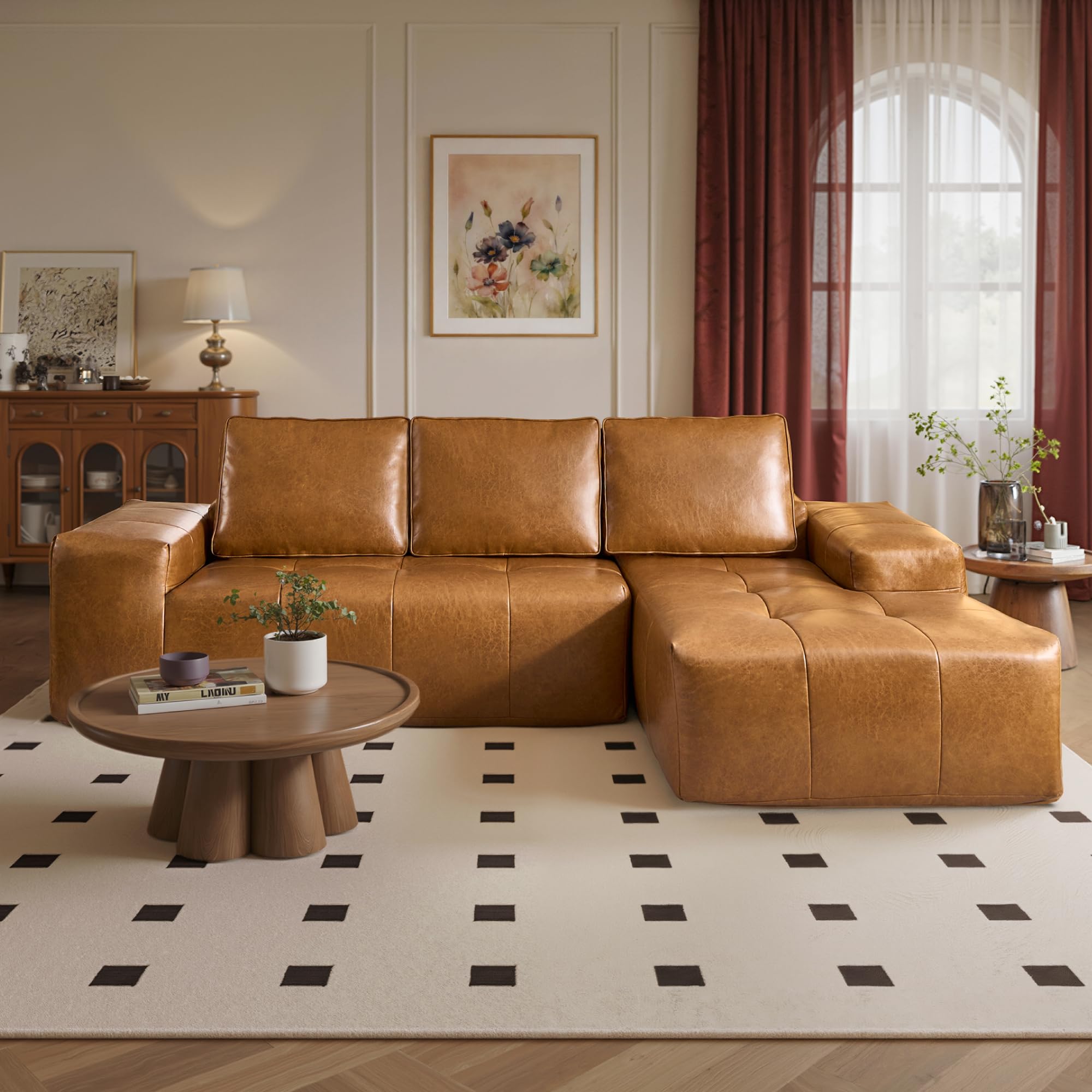 OVIOS 114" Cloud Sectional Sofa - L-Shaped Faux Leather Modular Couch with Deep Seat Chaise, view 4