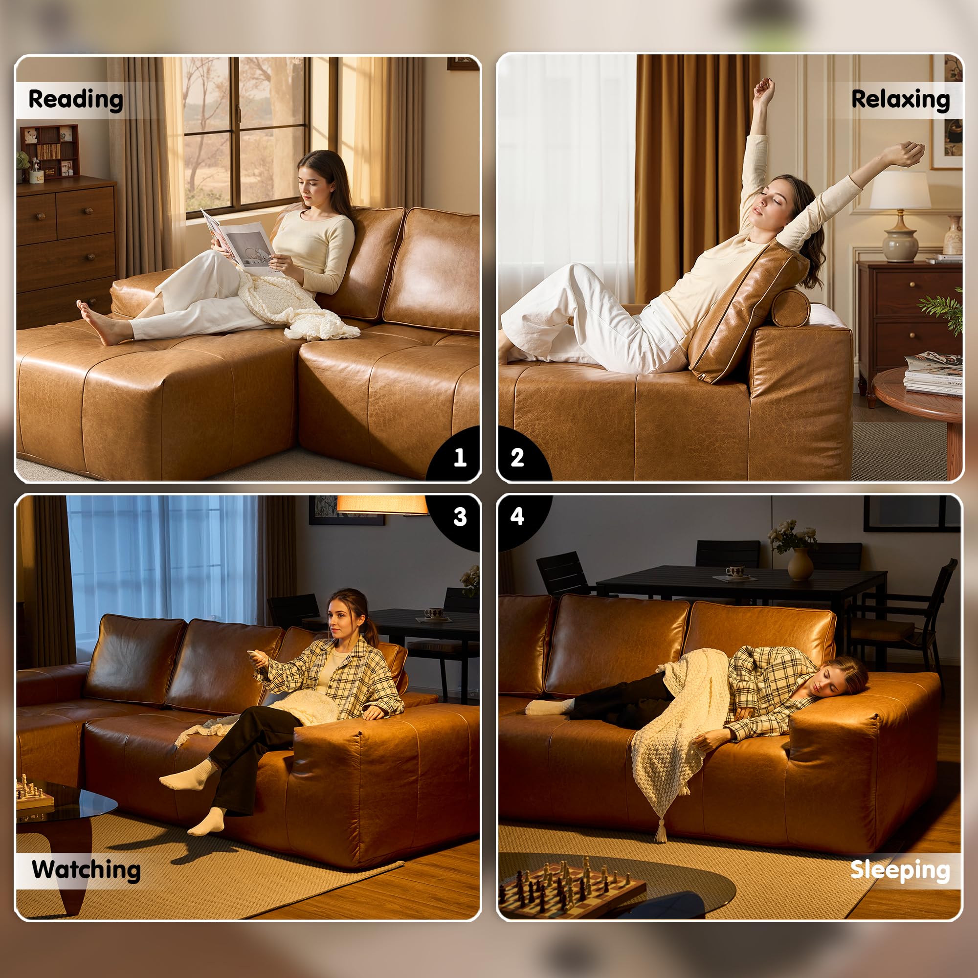 OVIOS 114" Cloud Sectional Sofa - L-Shaped Faux Leather Modular Couch with Deep Seat Chaise, view 6
