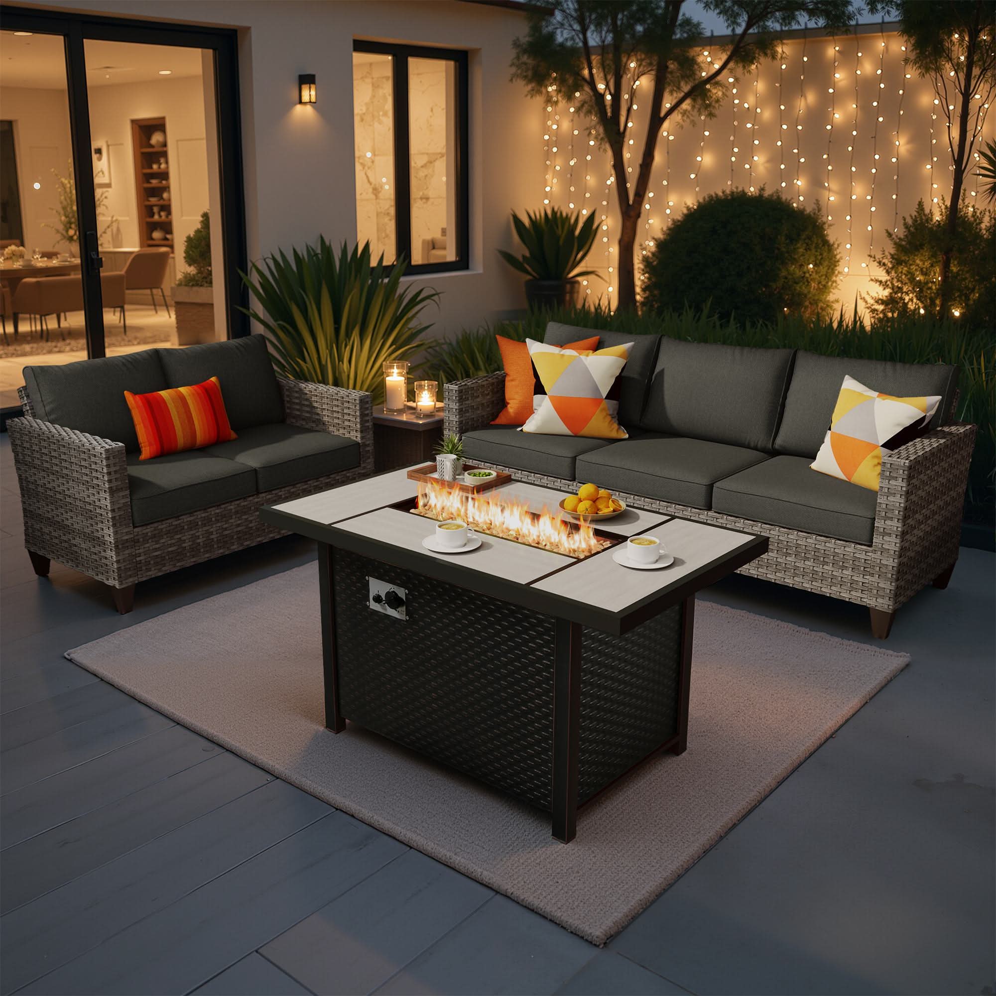 OVIOS 3-Piece Wicker Patio Conversation Set with Metal Fire Pit Table