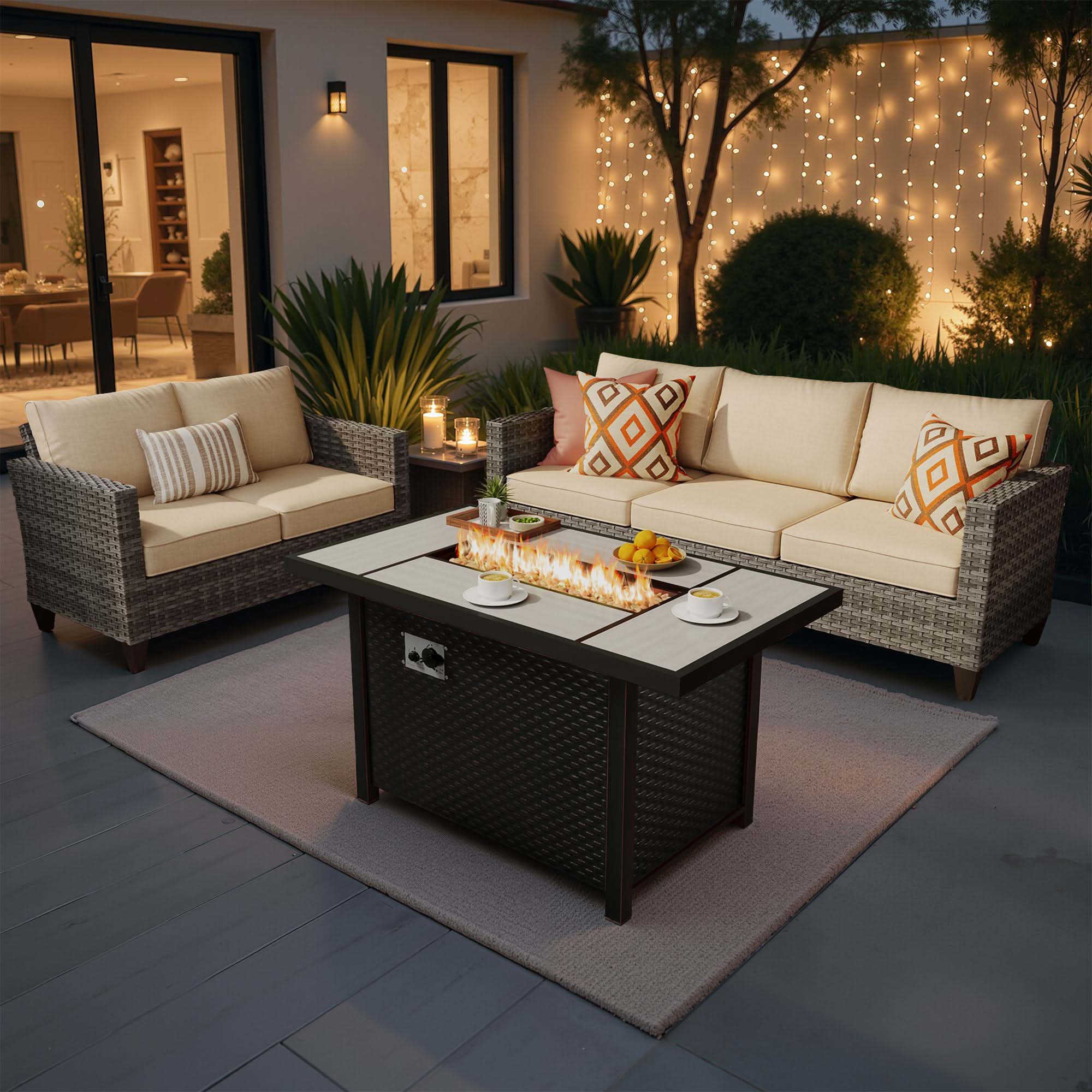 OVIOS 3-Piece Wicker Patio Conversation Set with Metal Fire Pit Table, view 3