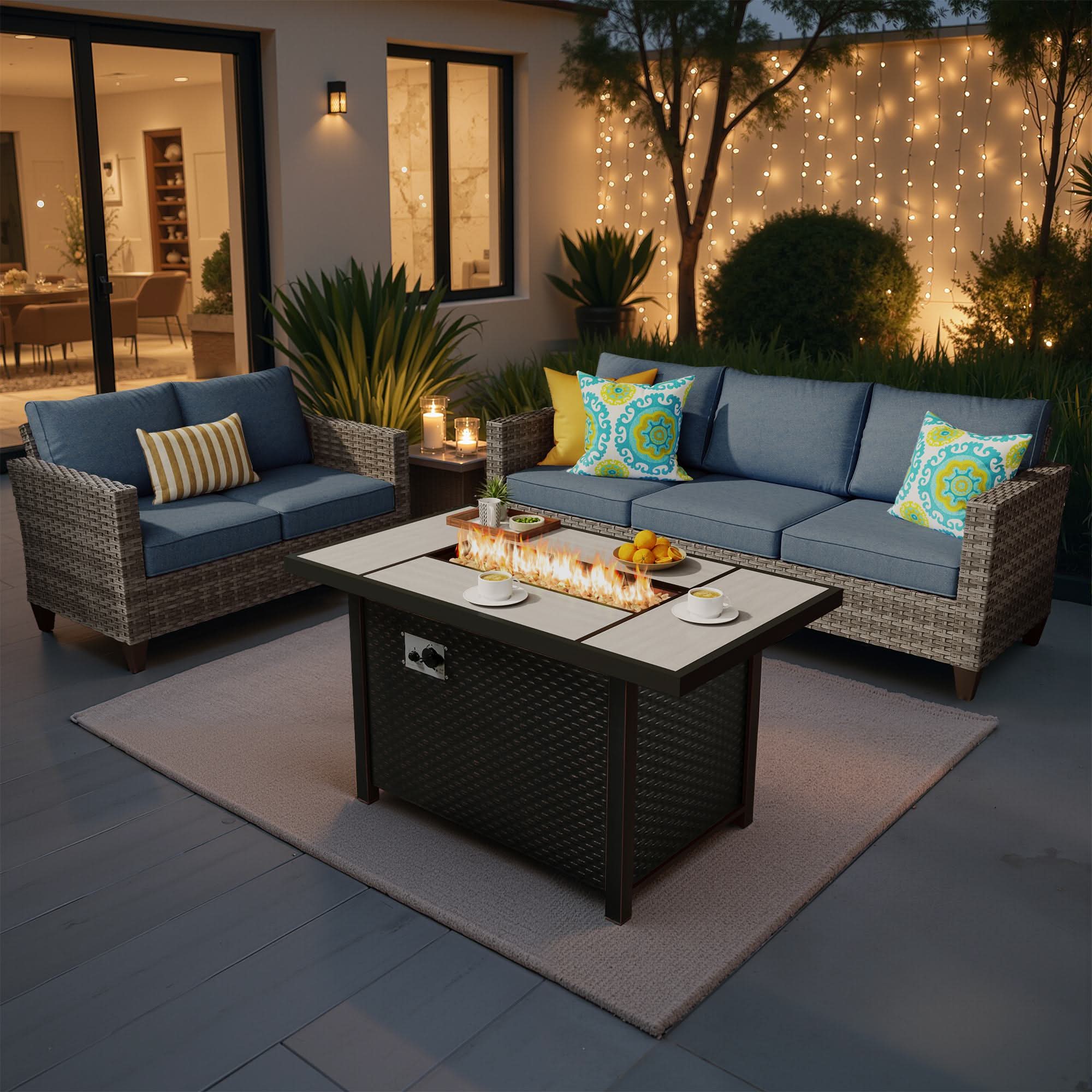 OVIOS 3-Piece Wicker Patio Conversation Set with Metal Fire Pit Table, view 4