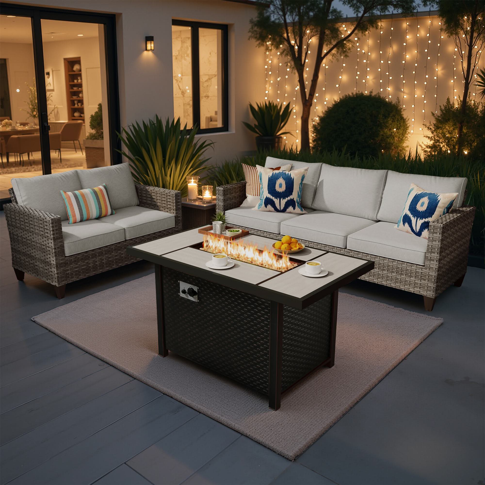 OVIOS 3-Piece Wicker Patio Conversation Set with Metal Fire Pit Table, view 5