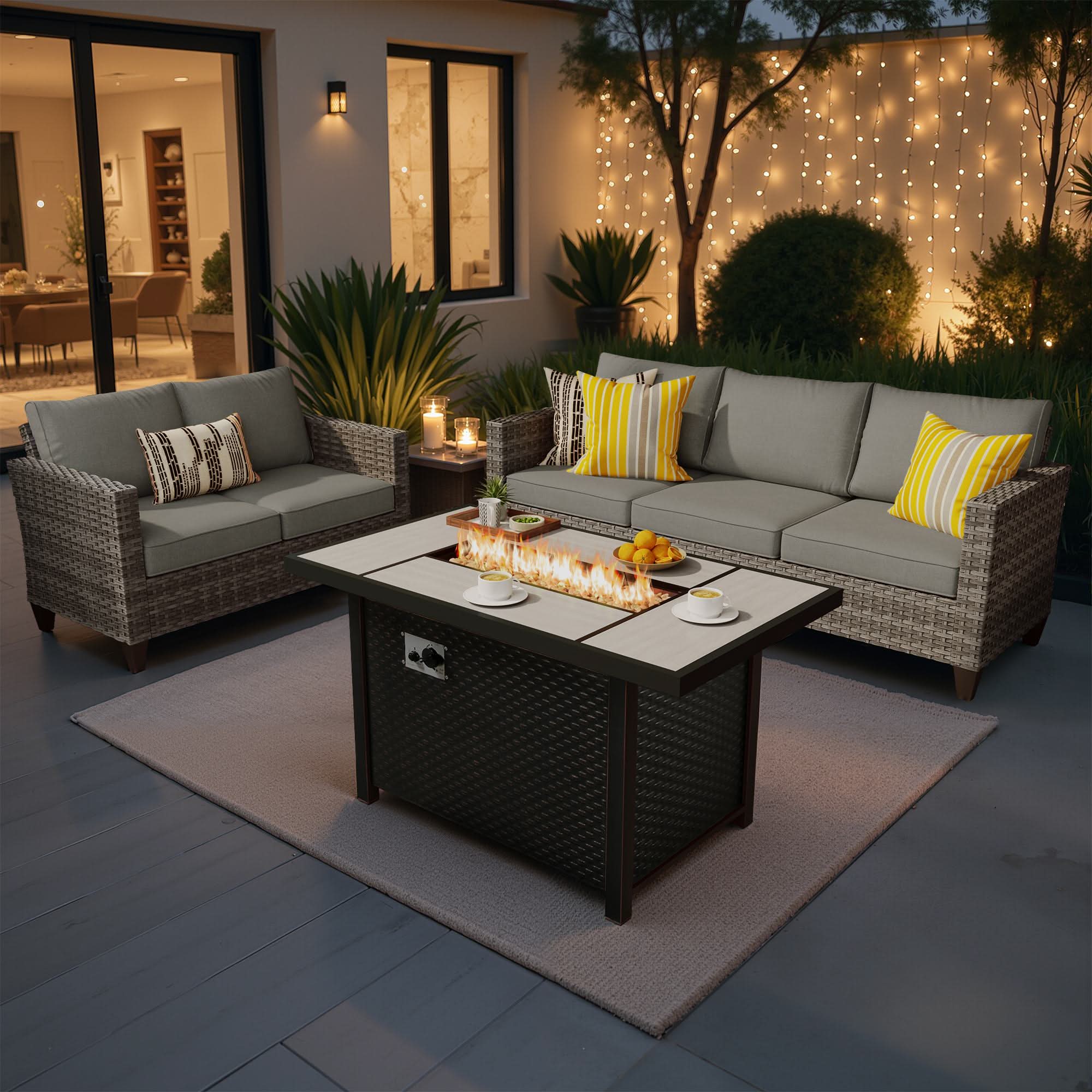 OVIOS 3-Piece Wicker Patio Conversation Set with Metal Fire Pit Table, view 6