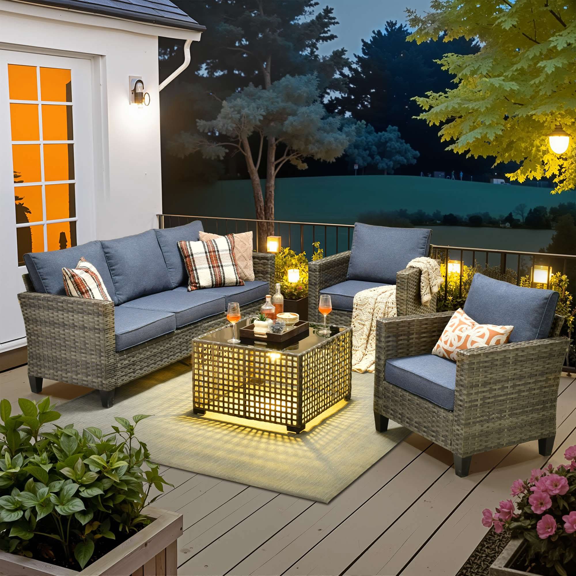 OVIOS 4-Piece Wicker Patio Conversation Set with 3-Seat Sofa & Solar Table