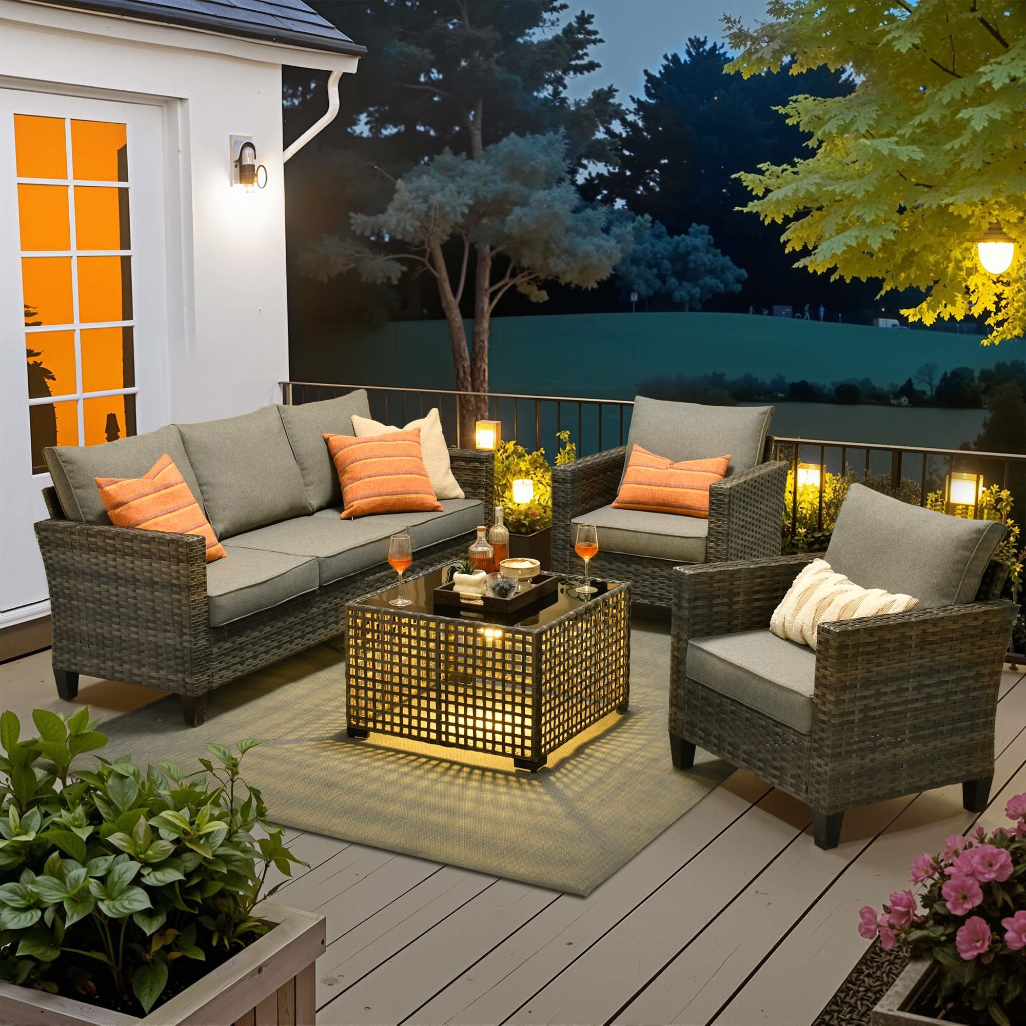 OVIOS 4-Piece Wicker Patio Conversation Set with 3-Seat Sofa & Solar Table, view 3