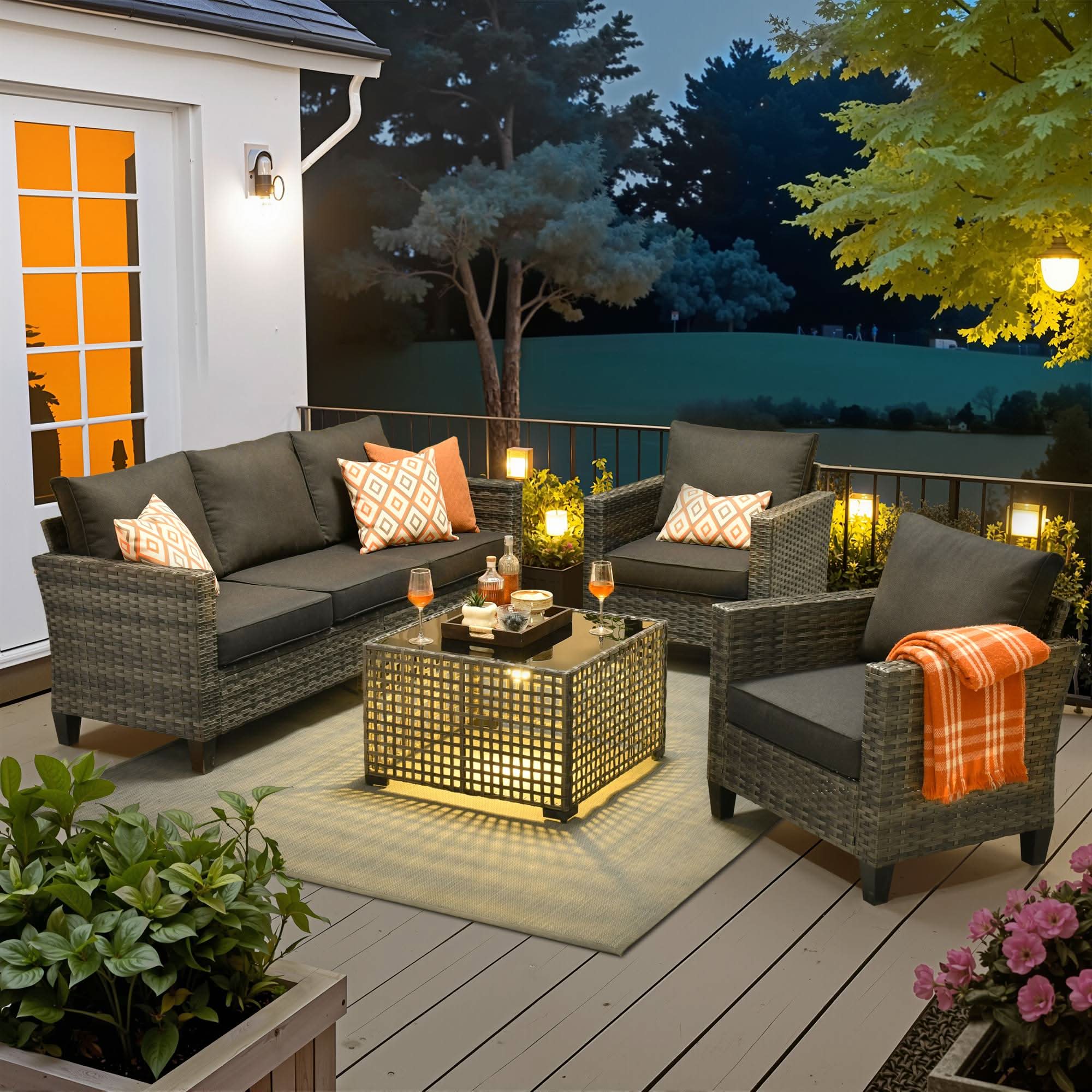 OVIOS 4-Piece Wicker Patio Conversation Set with 3-Seat Sofa & Solar Table, view 4