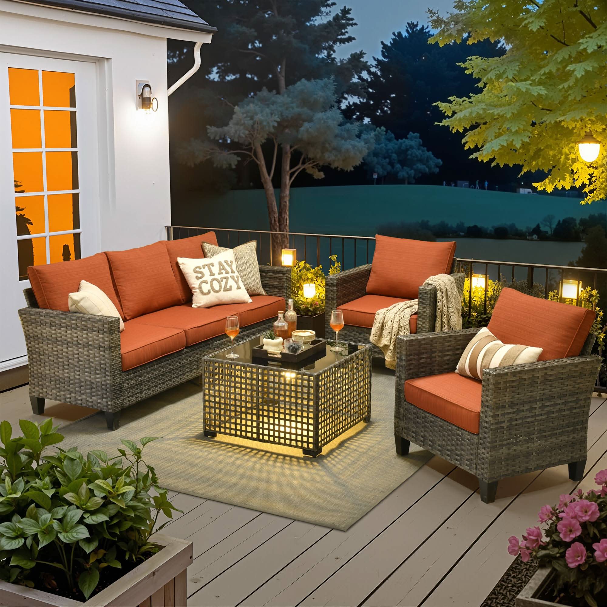 OVIOS 4-Piece Wicker Patio Conversation Set with 3-Seat Sofa & Solar Table, view 5