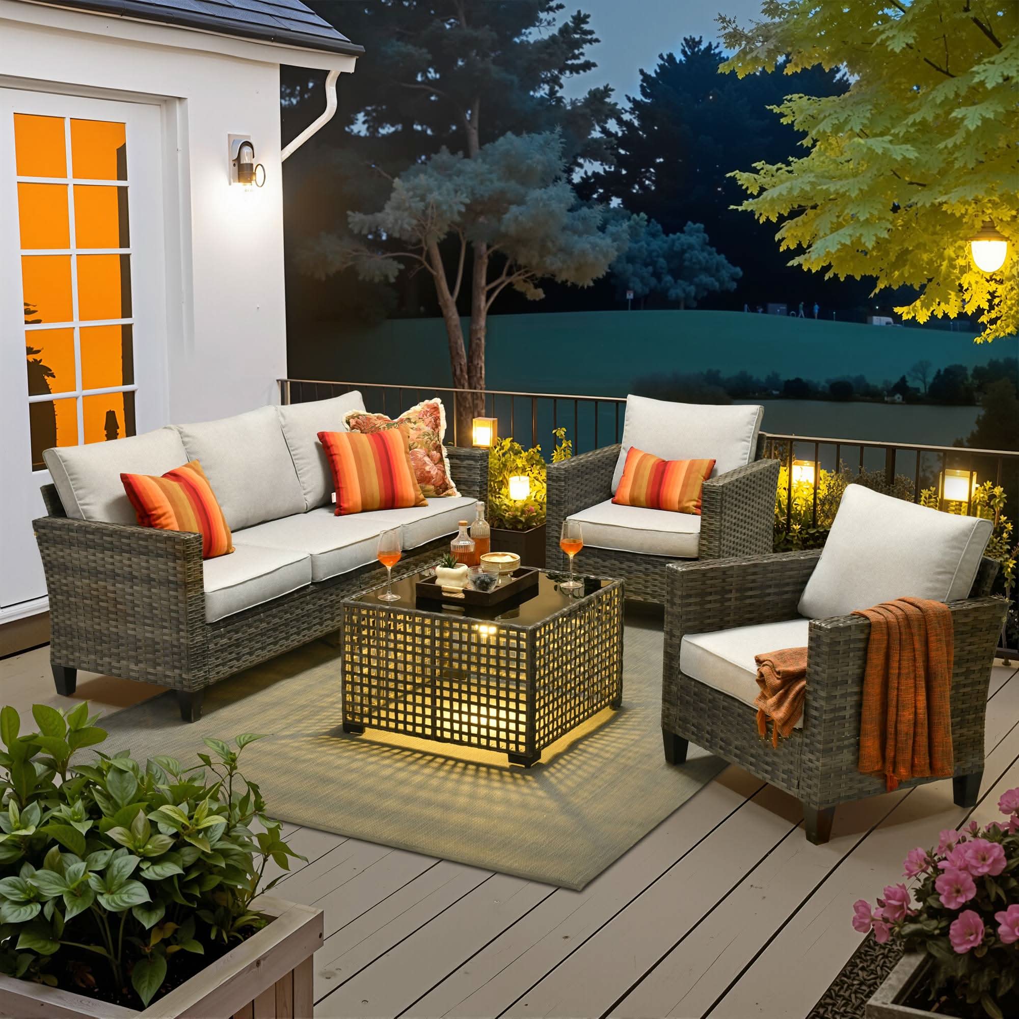 OVIOS 4-Piece Wicker Patio Conversation Set with 3-Seat Sofa & Solar Table, view 6