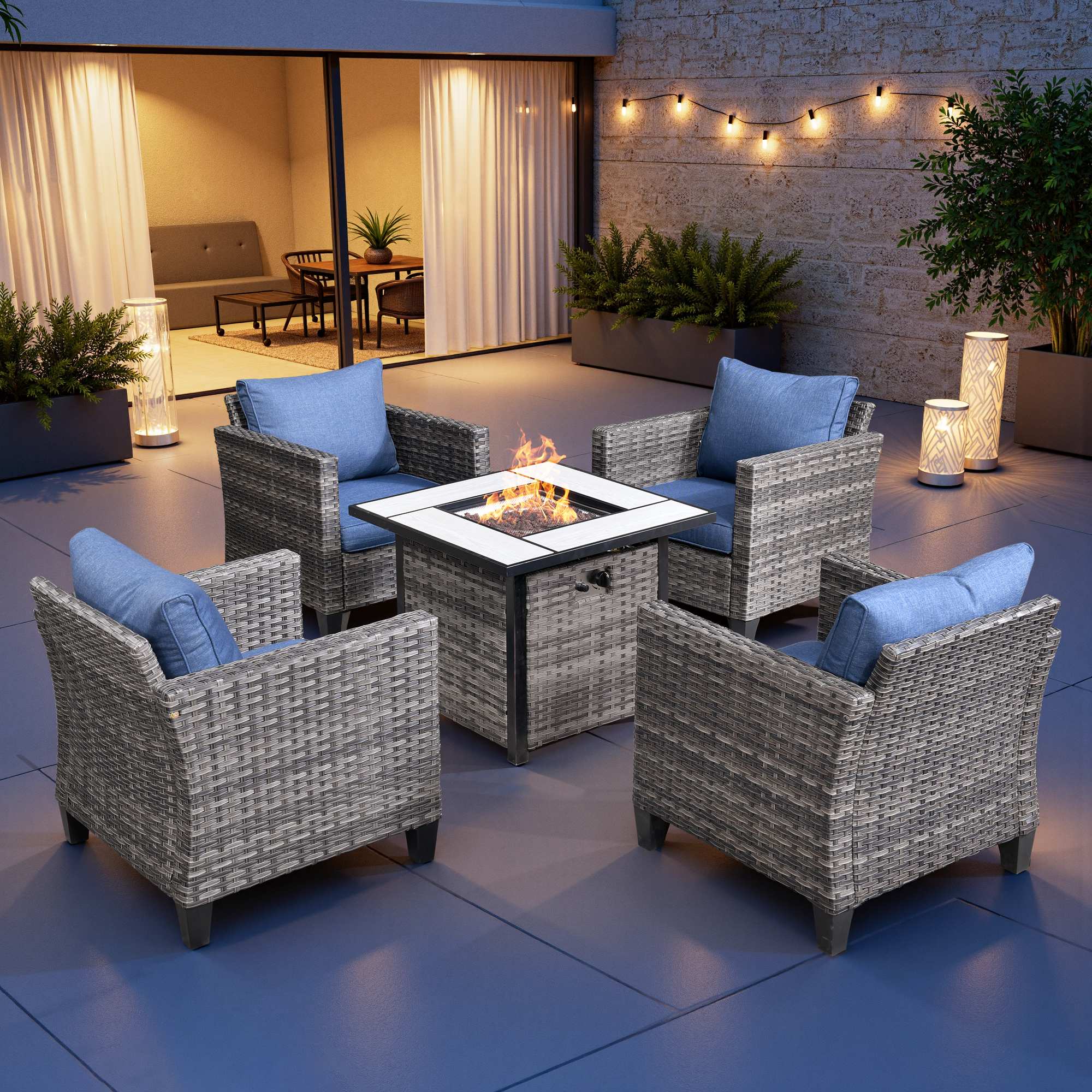 OVIOS 5-Piece Outdoor Patio Furniture Set with Wicker Fire Pit Table