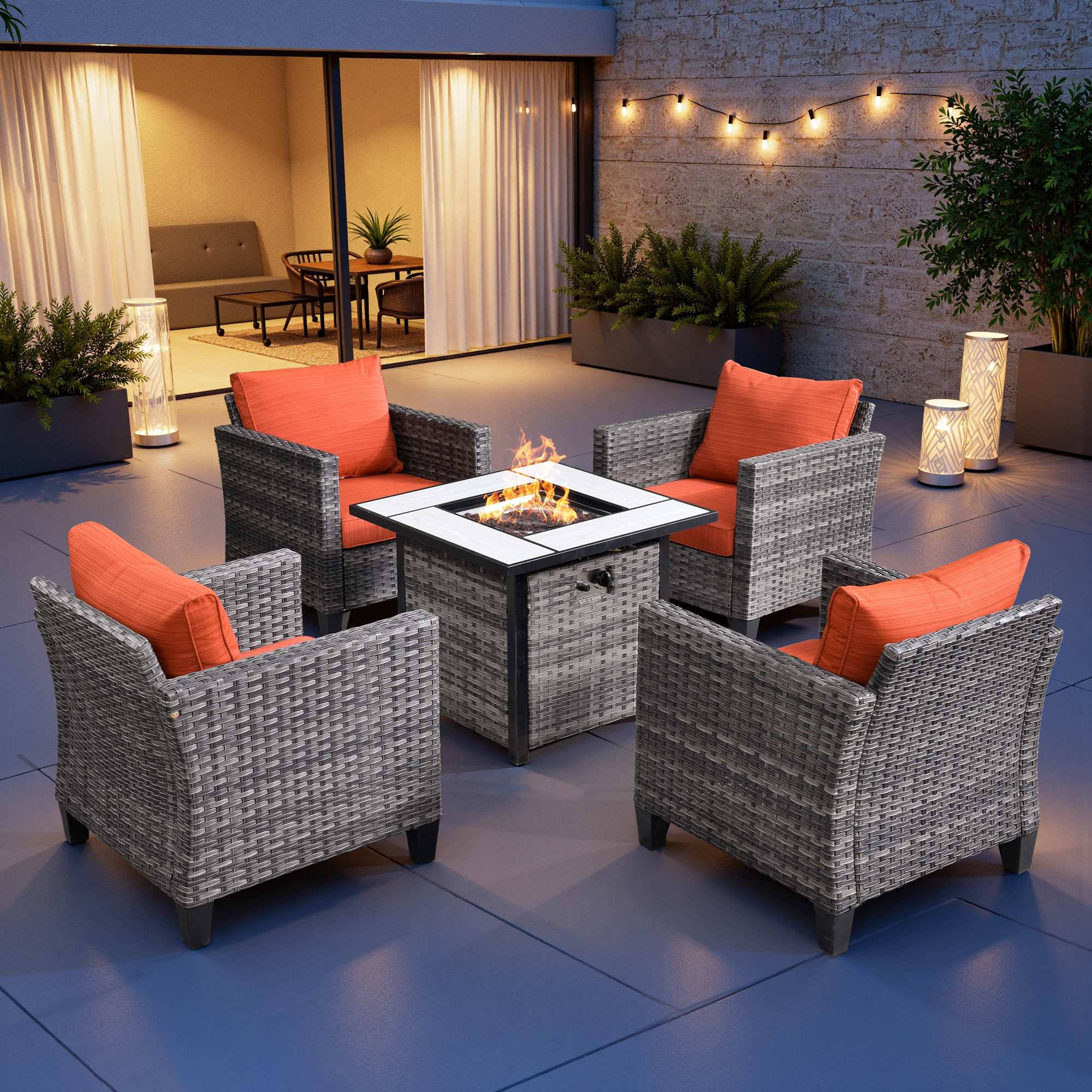 OVIOS 5-Piece Outdoor Patio Furniture Set with Wicker Fire Pit Table, view 3