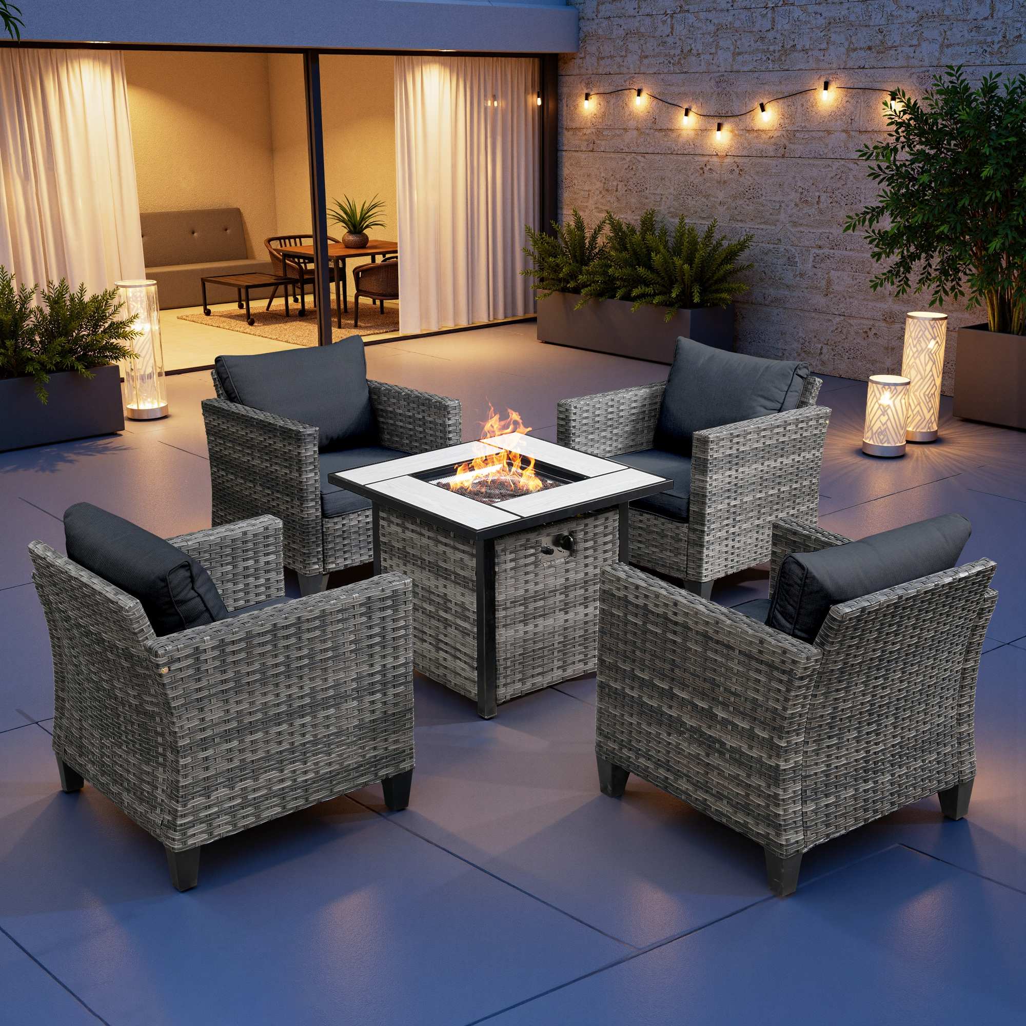 OVIOS 5-Piece Outdoor Patio Furniture Set with Wicker Fire Pit Table, view 4