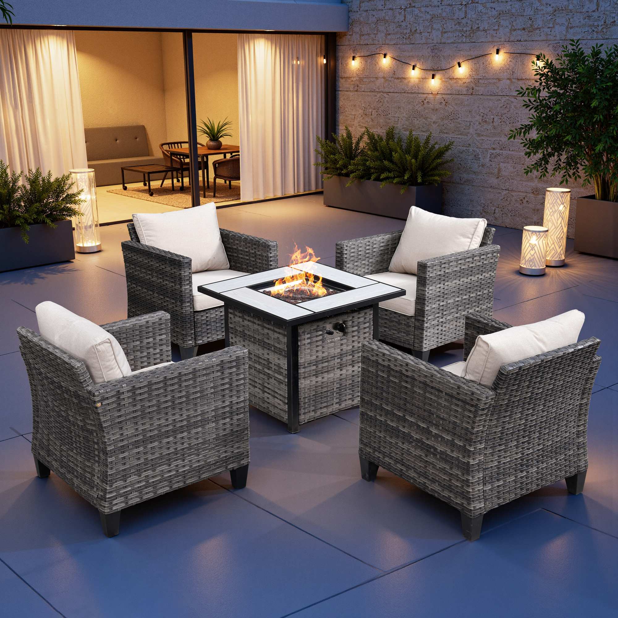 OVIOS 5-Piece Outdoor Patio Furniture Set with Wicker Fire Pit Table, view 5