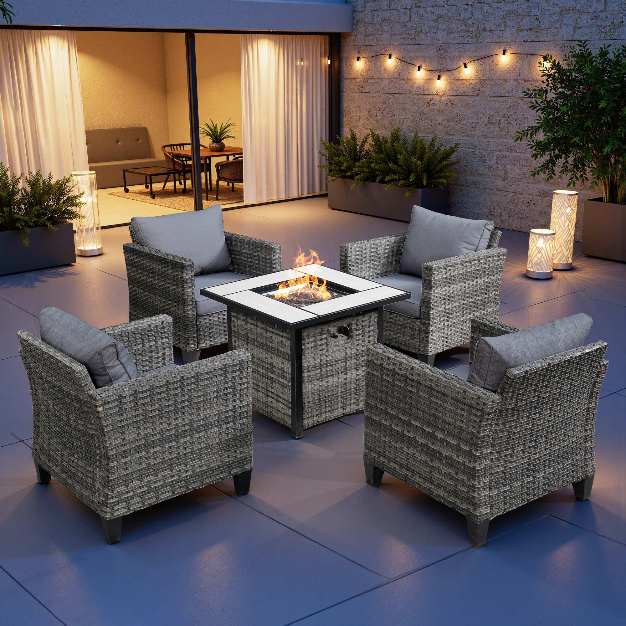 OVIOS 5-Piece Outdoor Patio Furniture Set with Wicker Fire Pit Table, view 6