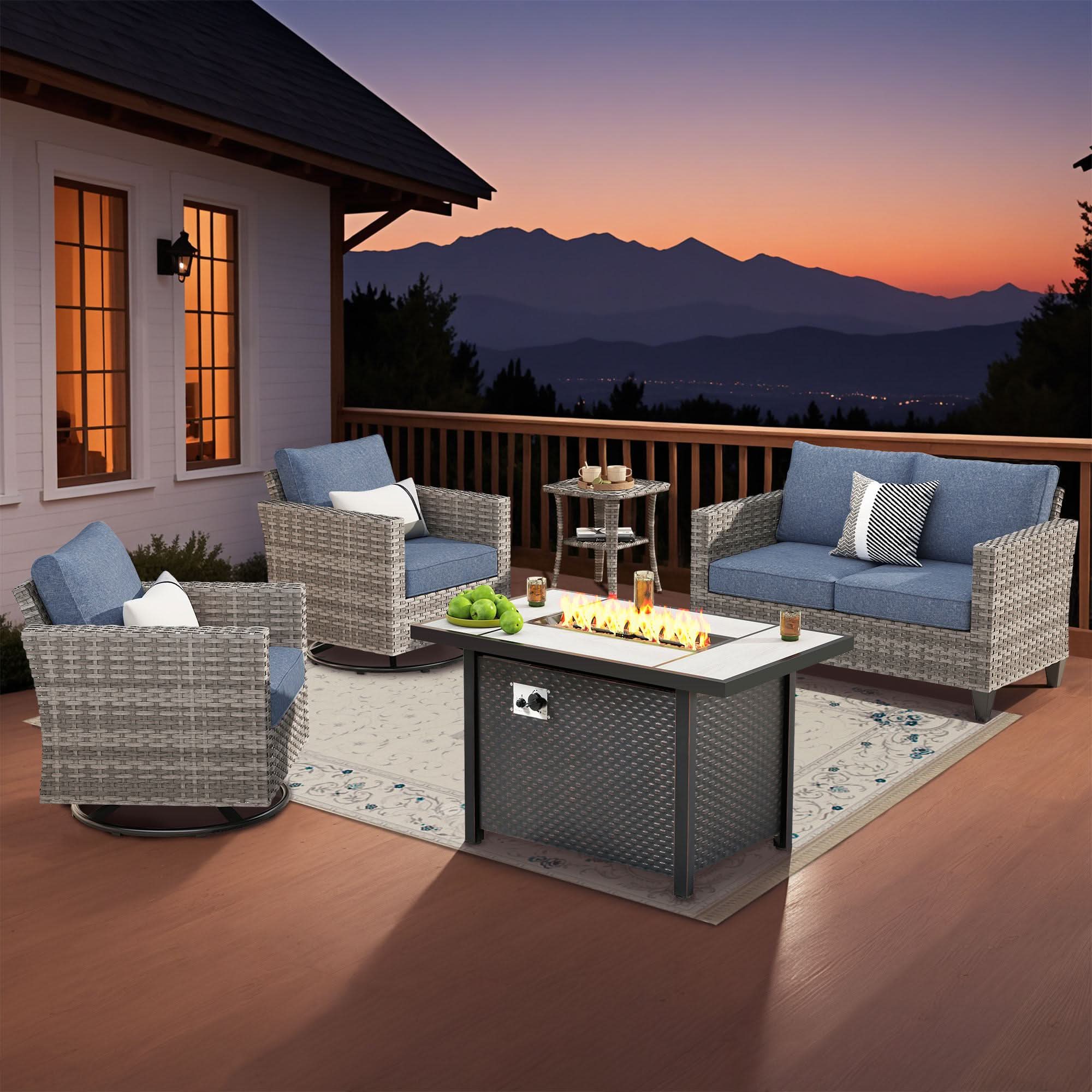 OVIOS 5-Piece Outdoor Wicker Patio Conversation Set with Metal Fire Pit & Swivel Chairs