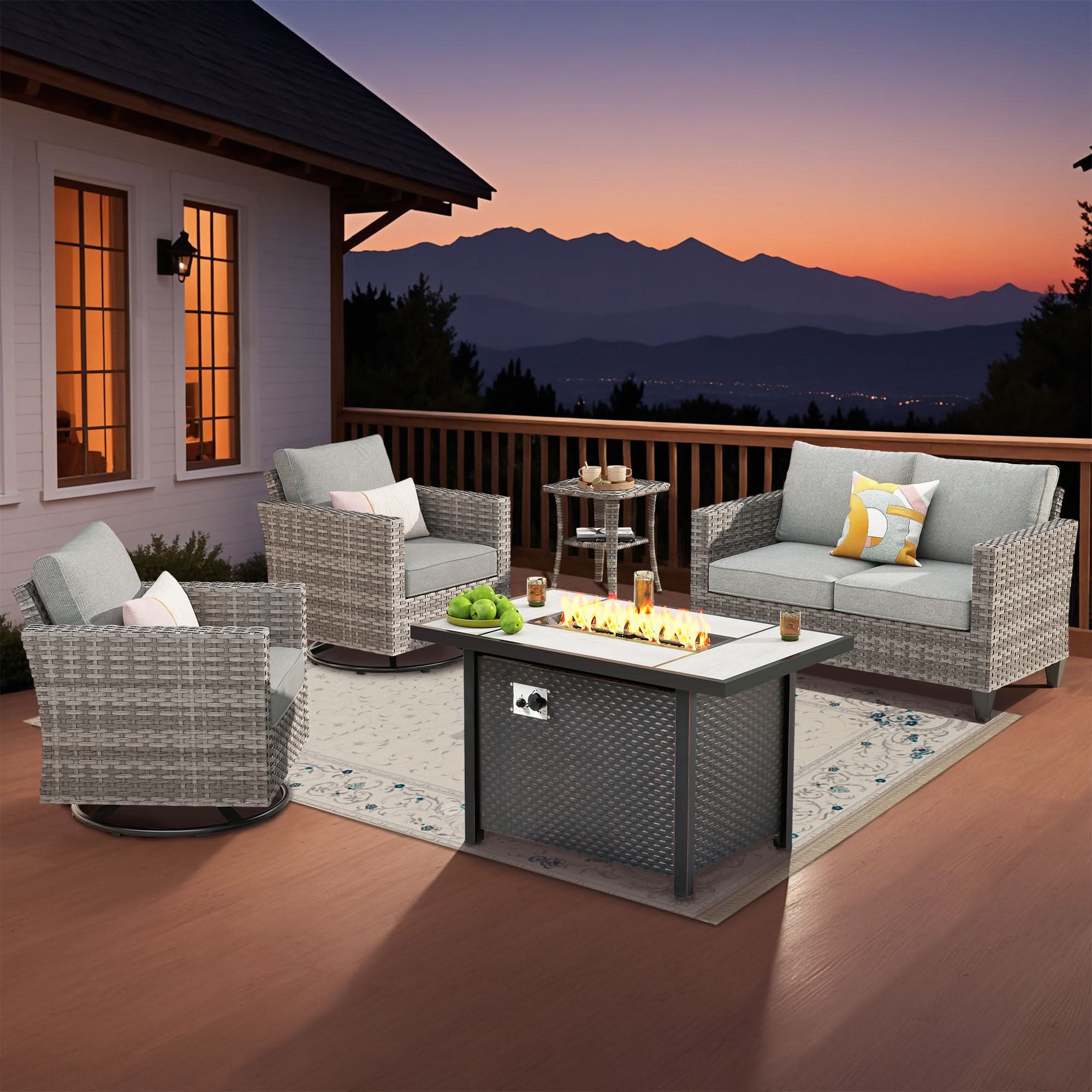 OVIOS 5-Piece Outdoor Wicker Patio Conversation Set with Metal Fire Pit & Swivel Chairs, view 3
