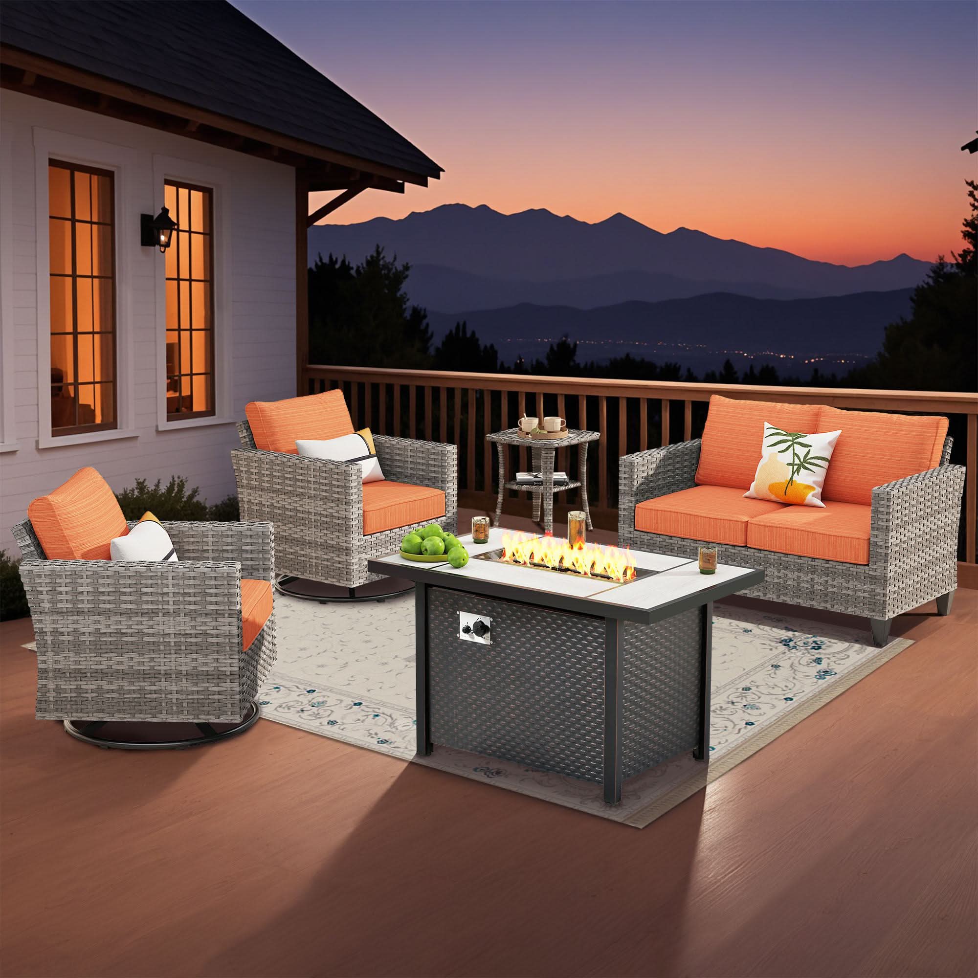 OVIOS 5-Piece Outdoor Wicker Patio Conversation Set with Metal Fire Pit & Swivel Chairs, view 4