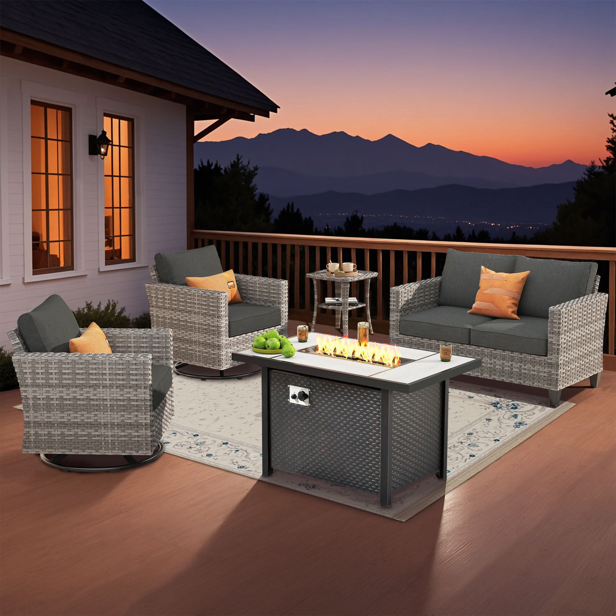 OVIOS 5-Piece Outdoor Wicker Patio Conversation Set with Metal Fire Pit & Swivel Chairs, view 5