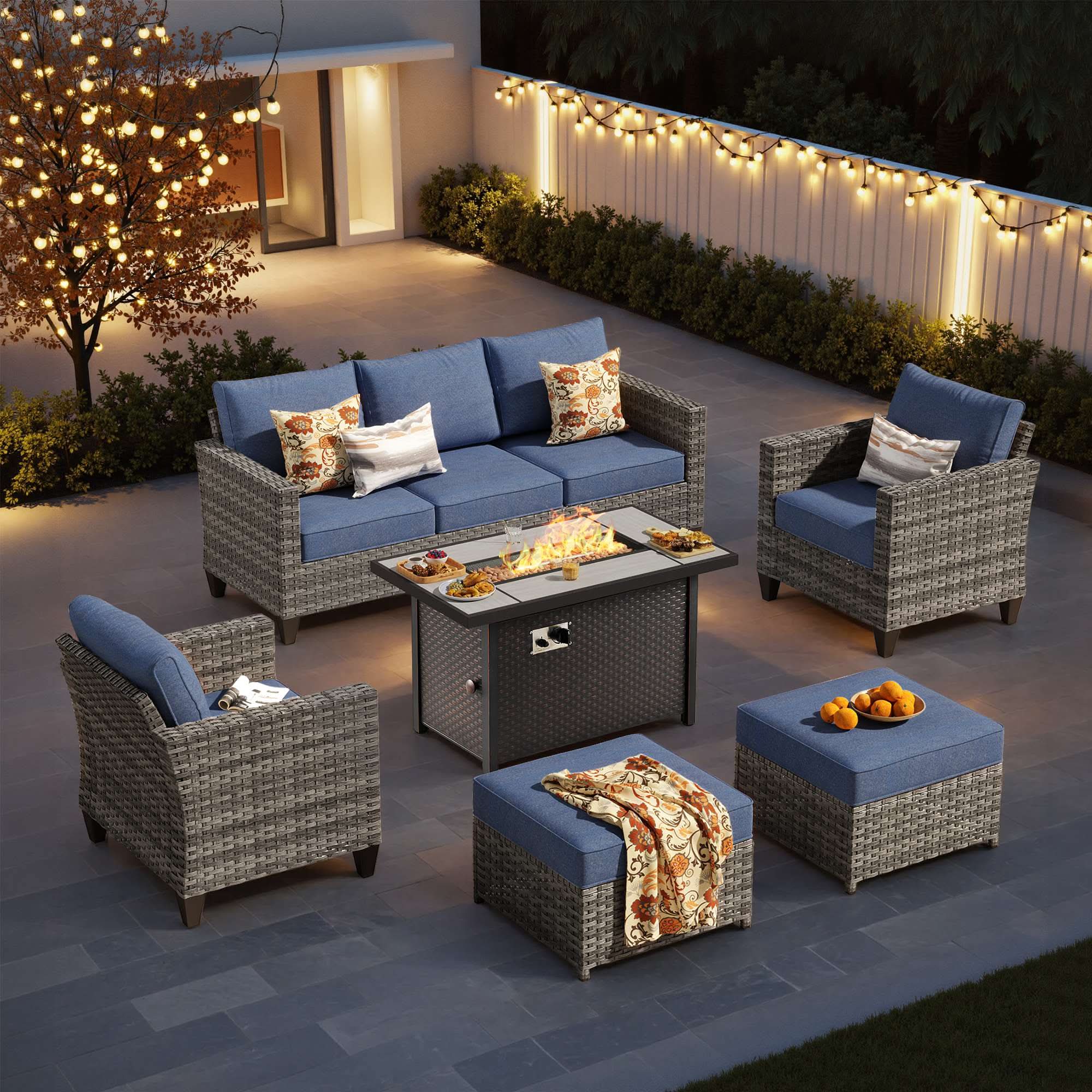 OVIOS 6-Piece Wicker Outdoor Patio Conversation Set with Metal Fire Pit Table
