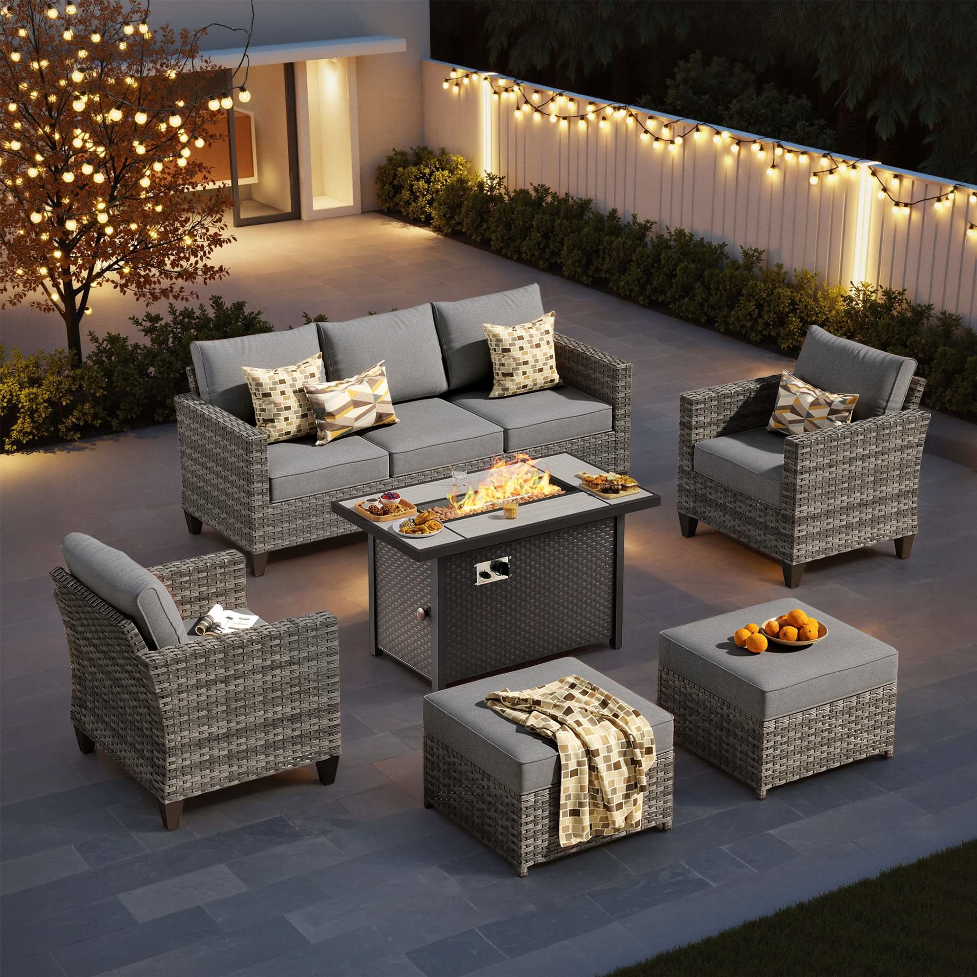 OVIOS 6-Piece Wicker Outdoor Patio Conversation Set with Metal Fire Pit Table, view 3