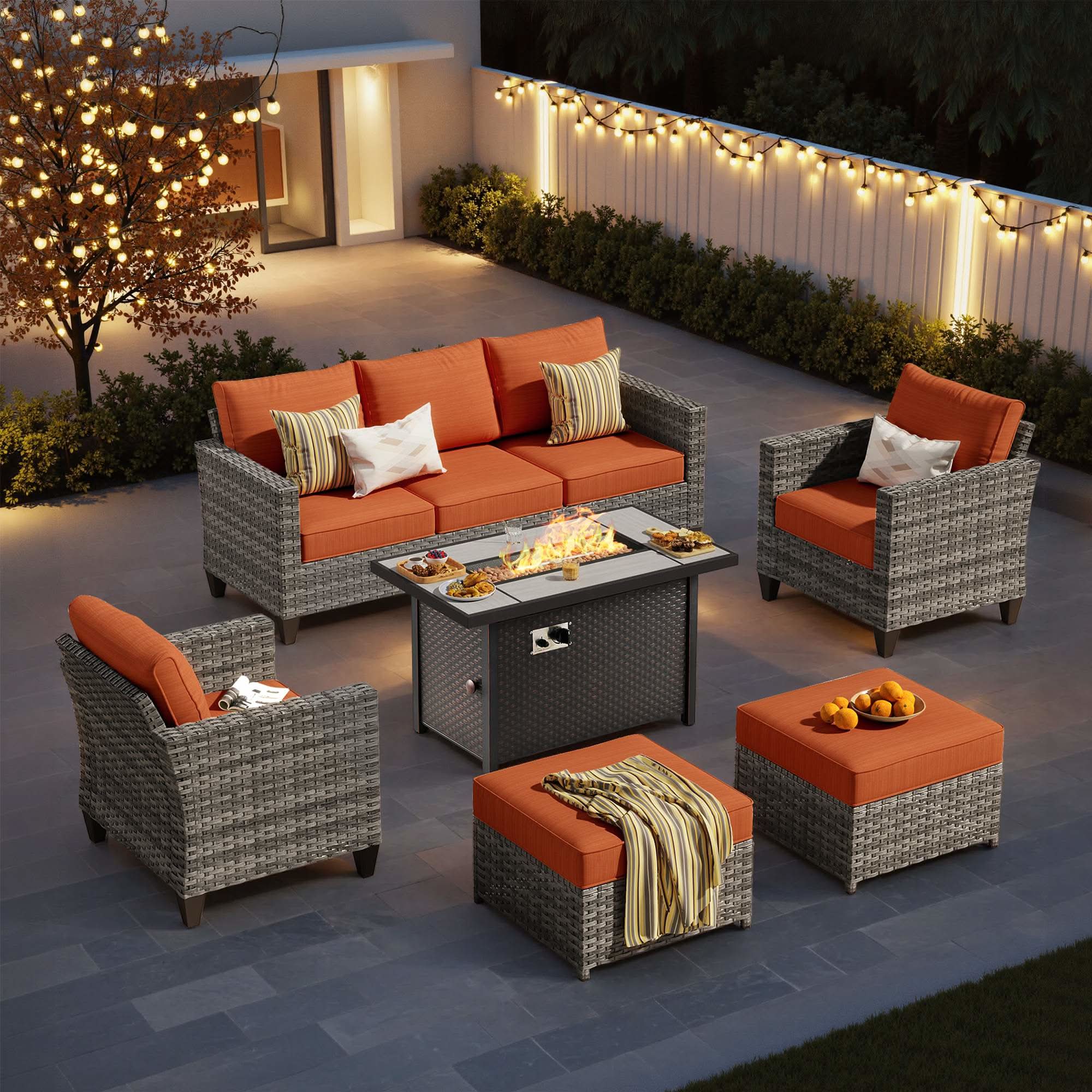 OVIOS 6-Piece Wicker Outdoor Patio Conversation Set with Metal Fire Pit Table, view 4