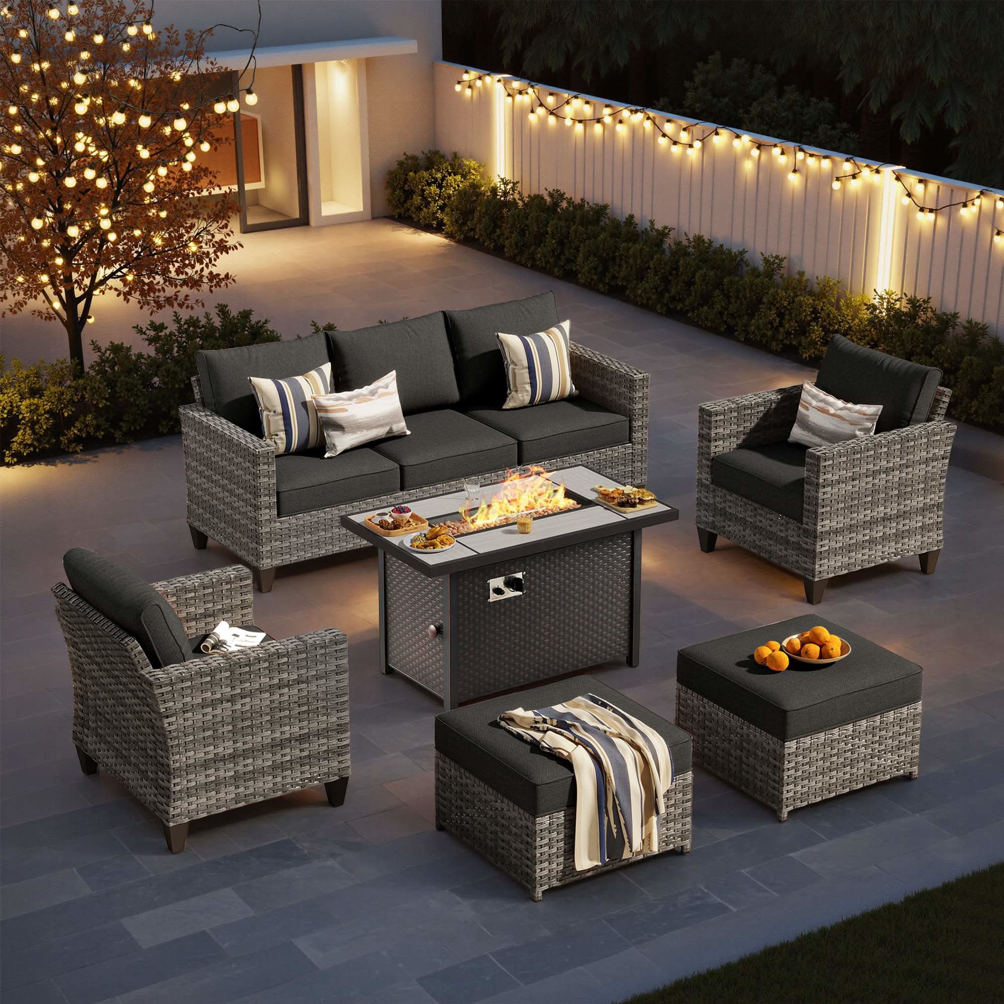 OVIOS 6-Piece Wicker Outdoor Patio Conversation Set with Metal Fire Pit Table, view 5