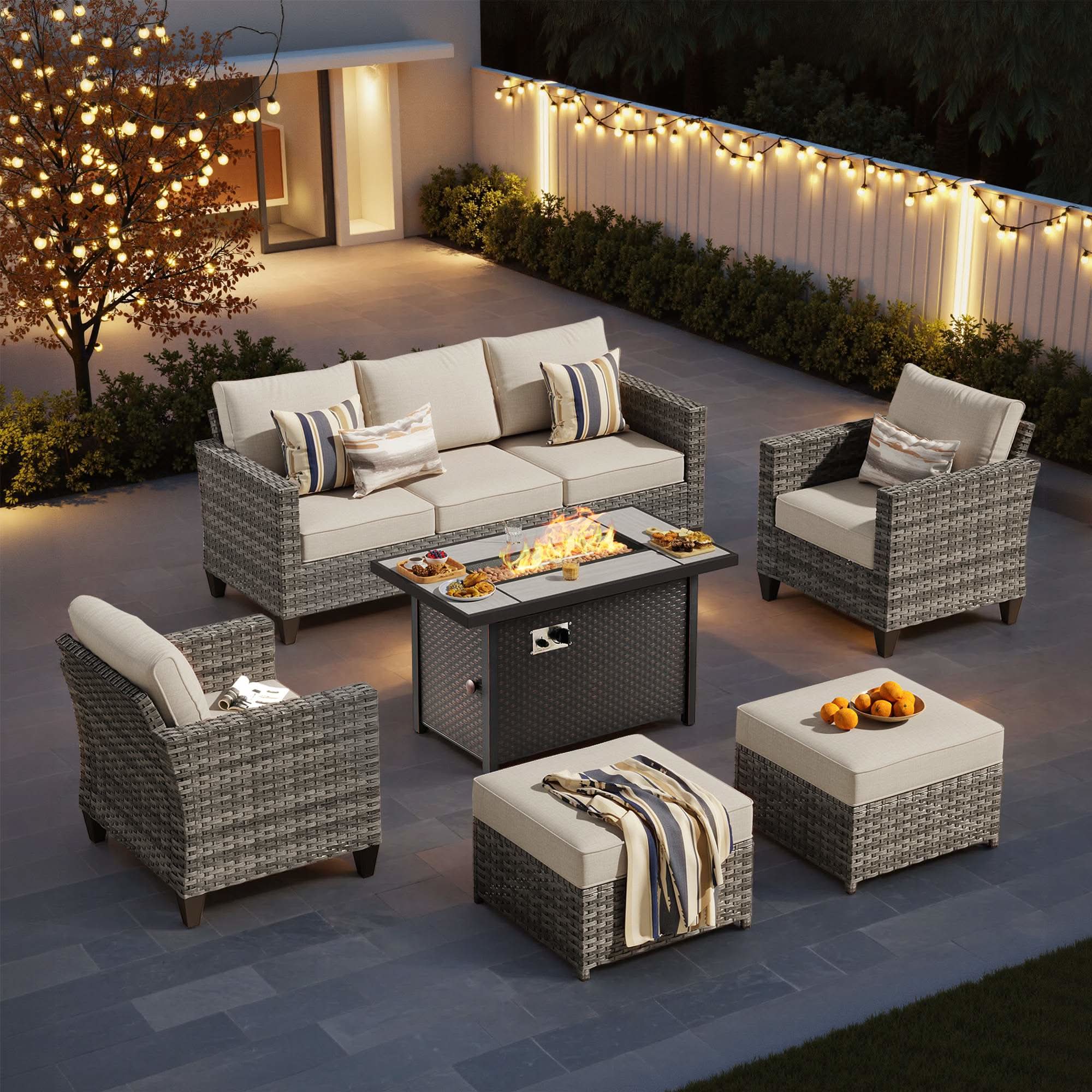 OVIOS 6-Piece Wicker Outdoor Patio Conversation Set with Metal Fire Pit Table, view 6