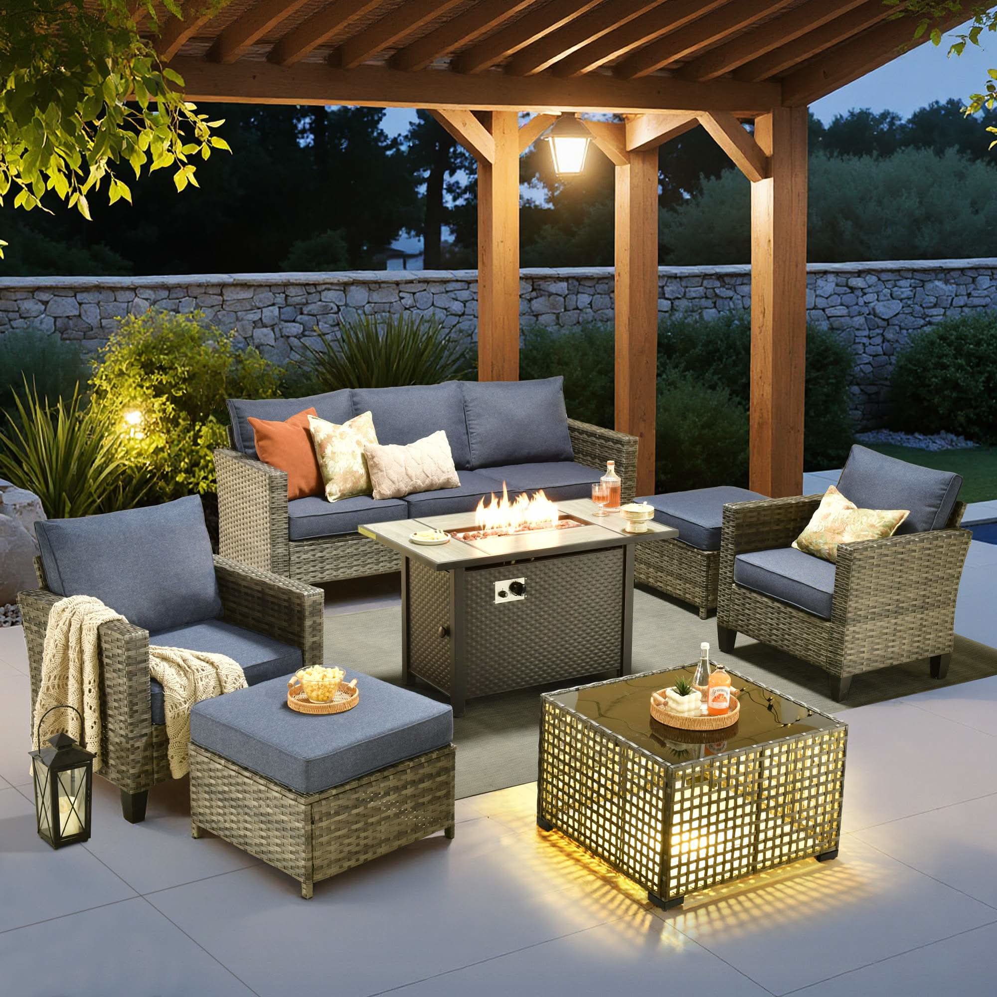 OVIOS 7-Piece Wicker Patio Set with Metal Fire Pit Table