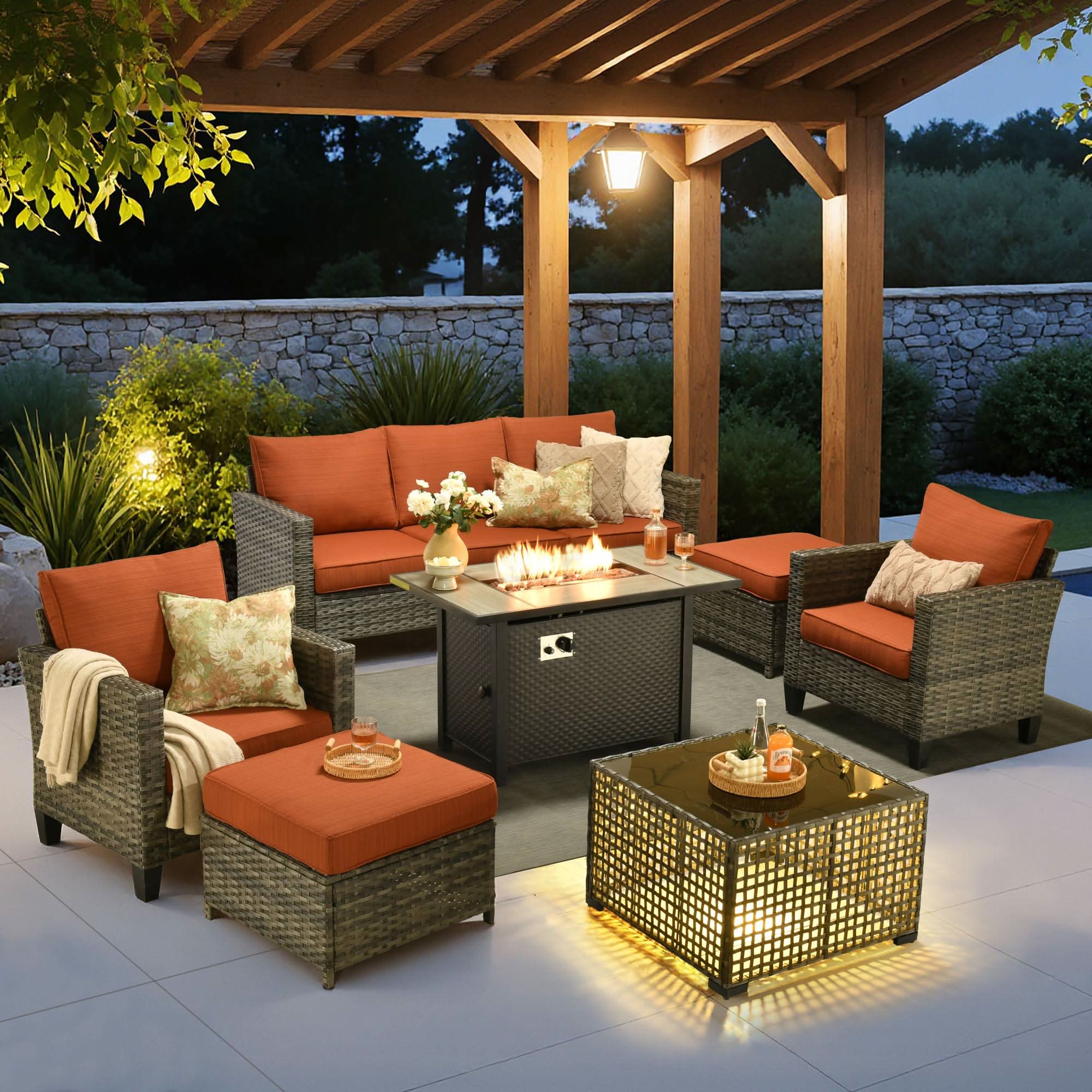 OVIOS 7-Piece Wicker Patio Set with Metal Fire Pit Table, view 3