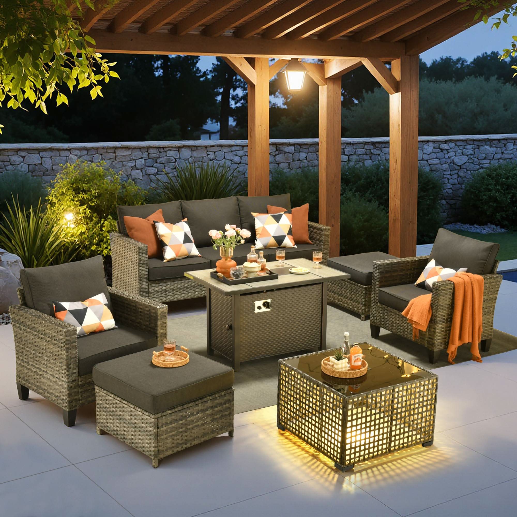 OVIOS 7-Piece Wicker Patio Set with Metal Fire Pit Table, view 4