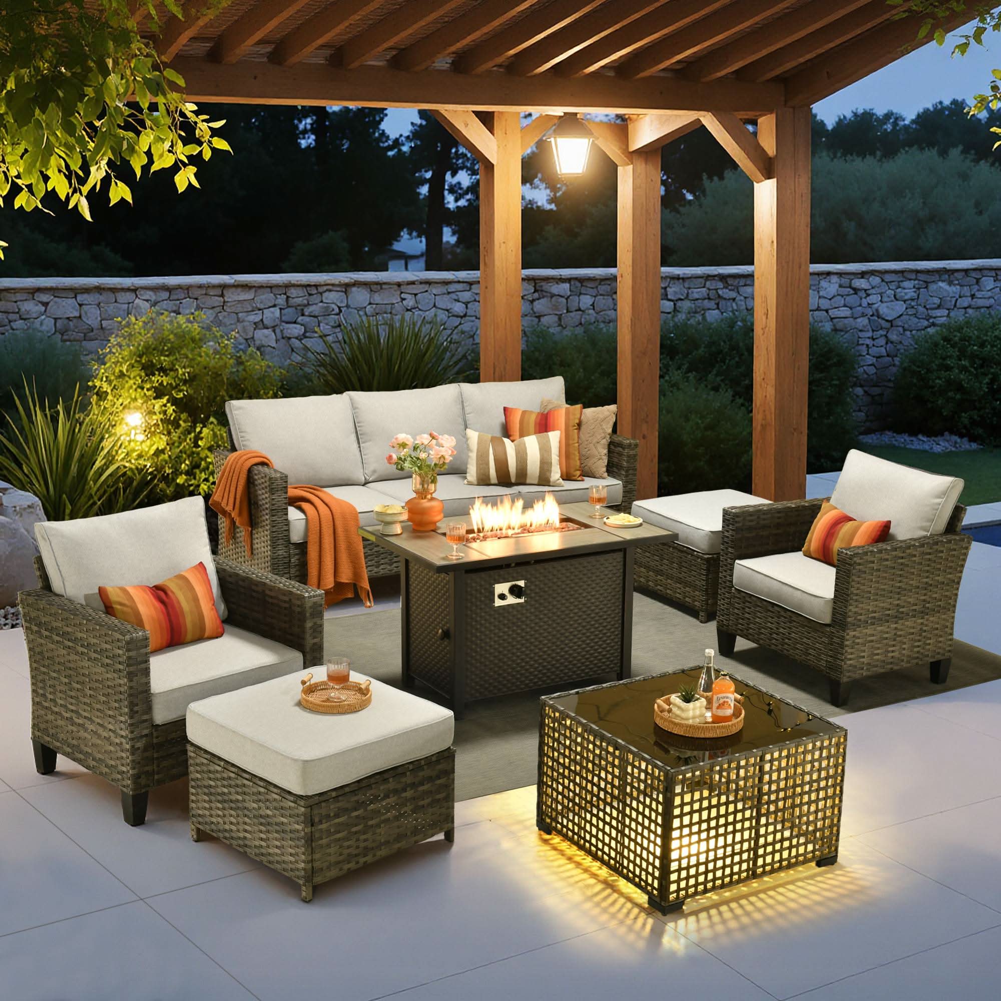 OVIOS 7-Piece Wicker Patio Set with Metal Fire Pit Table, view 5