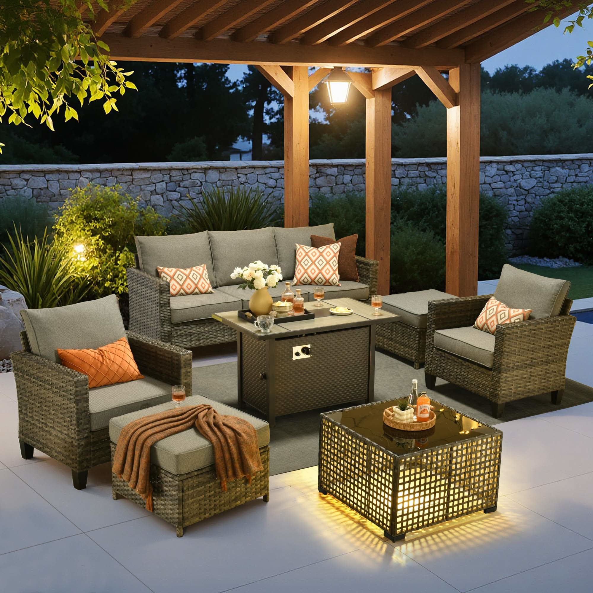 OVIOS 7-Piece Wicker Patio Set with Metal Fire Pit Table, view 6