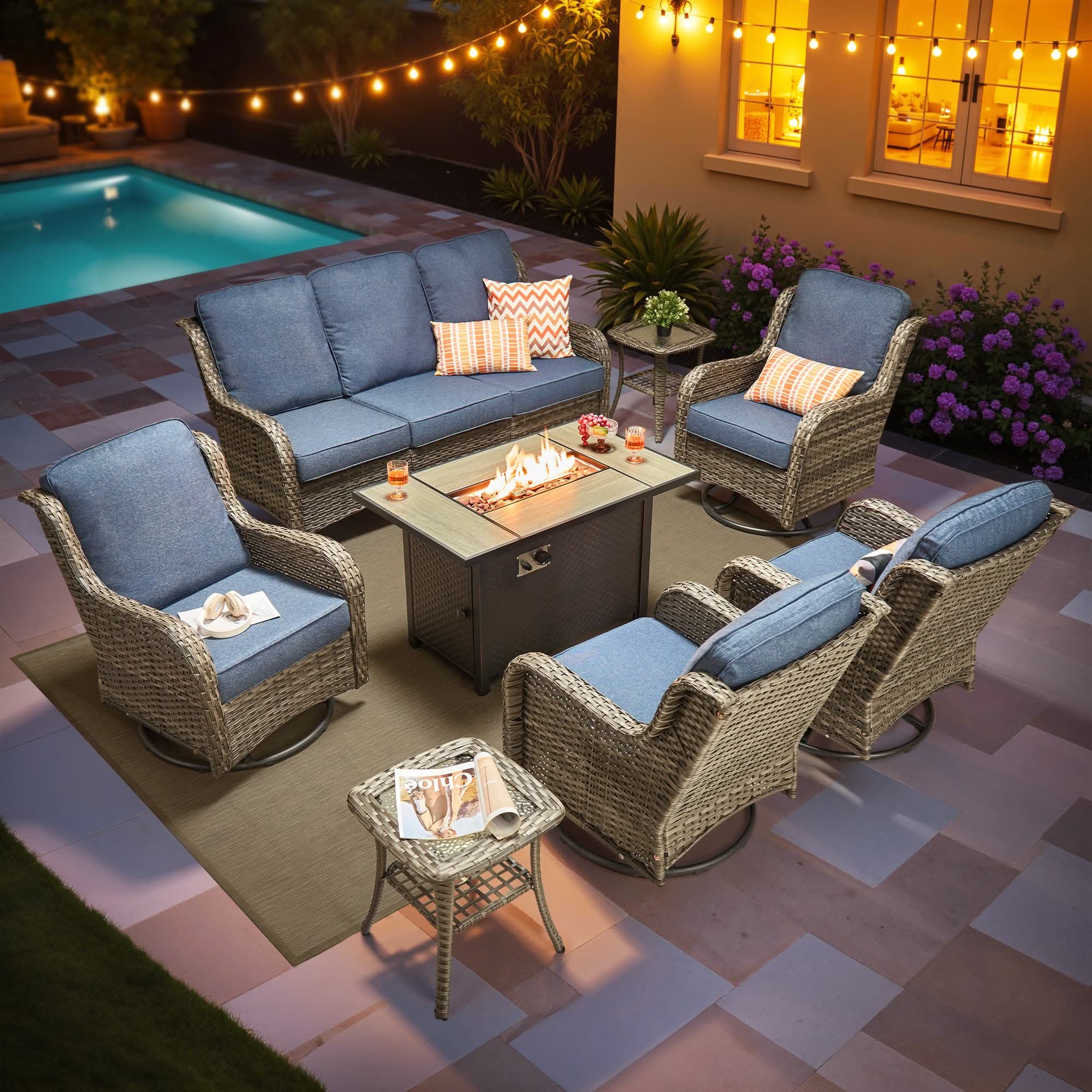 OVIOS 8-Piece Outdoor Wicker Patio Set with Fire Pit Table
