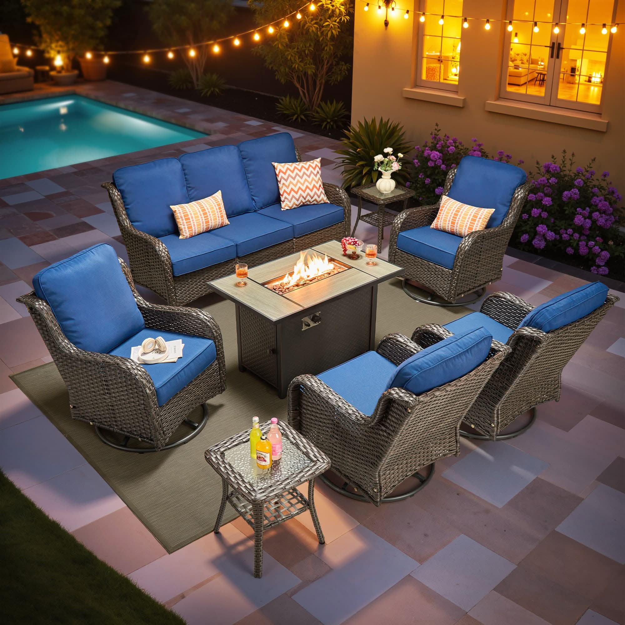 OVIOS 8-Piece Outdoor Wicker Patio Set with Fire Pit Table, view 3