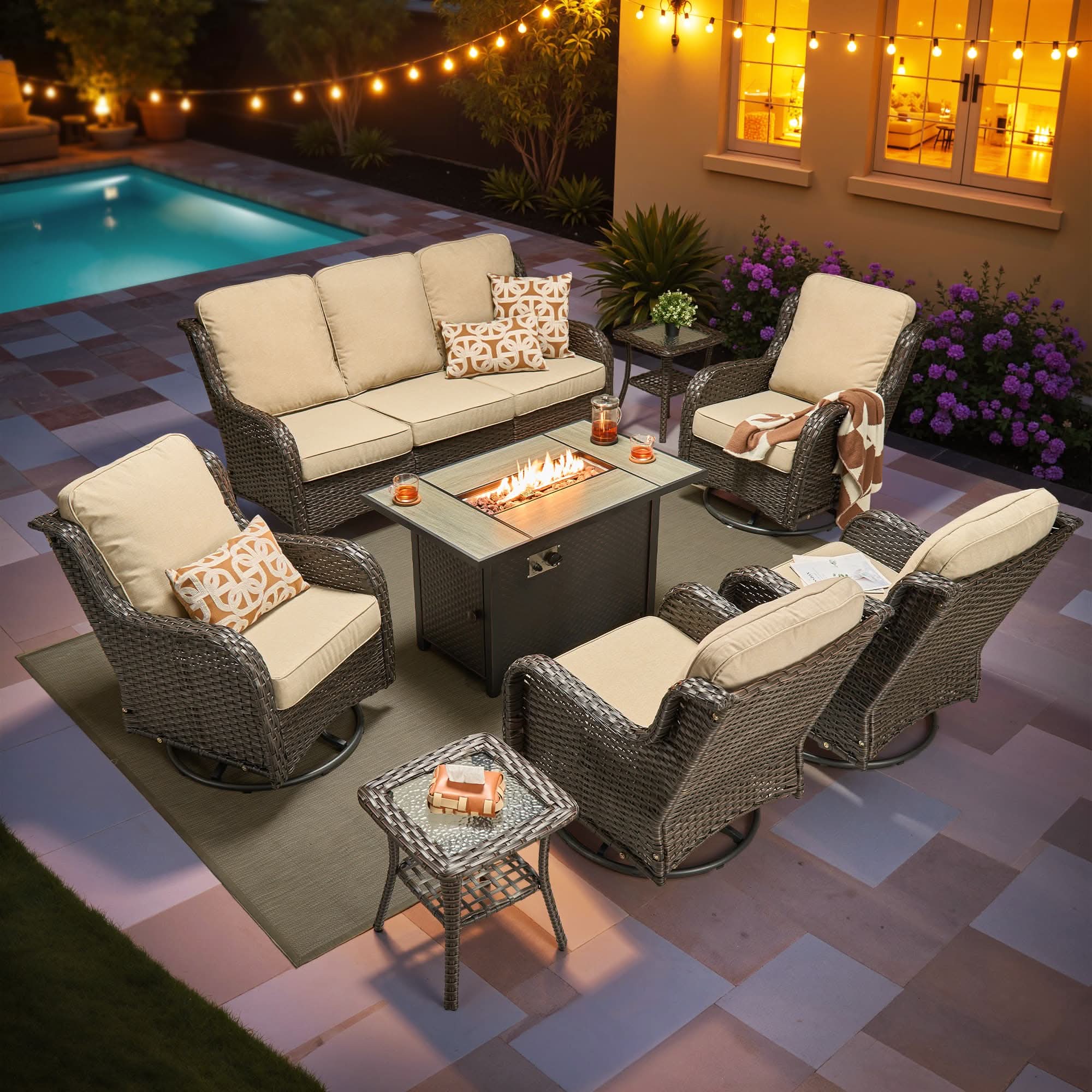 OVIOS 8-Piece Outdoor Wicker Patio Set with Fire Pit Table, view 4