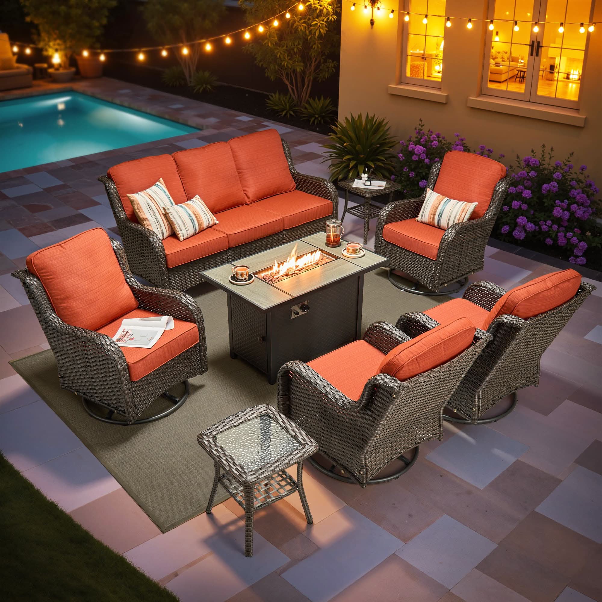 OVIOS 8-Piece Outdoor Wicker Patio Set with Fire Pit Table, view 5