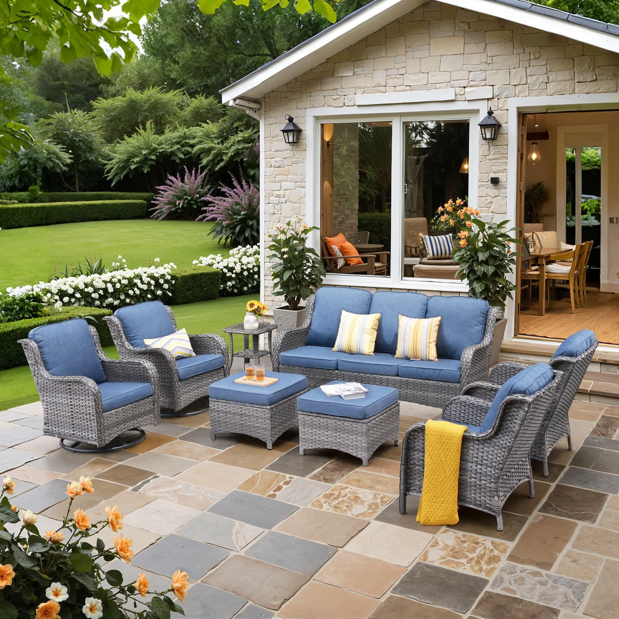 OVIOS 8-Piece Outdoor Wicker Patio Set with Sofa & Swivel Chairs