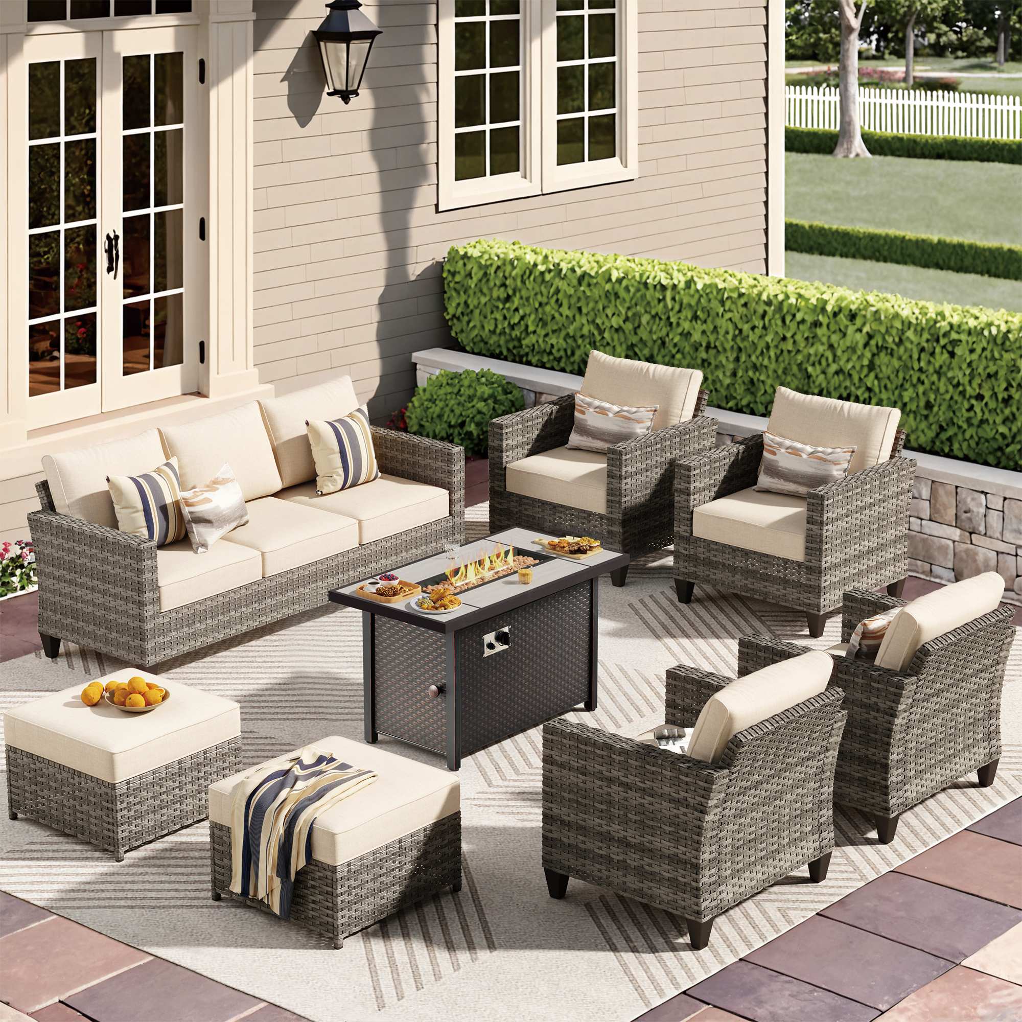 OVIOS 8-Piece Wicker Patio Set with Metal Fire Pit Table
