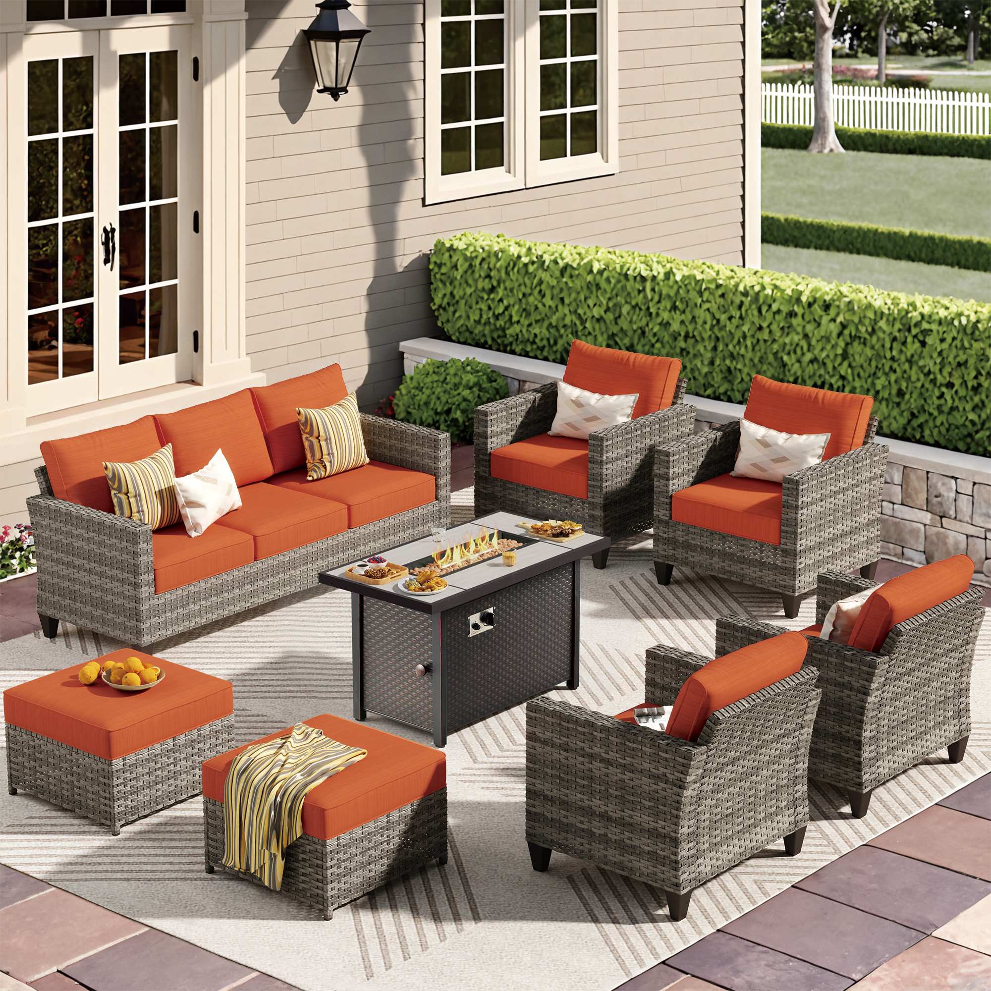 OVIOS 8-Piece Wicker Patio Set with Metal Fire Pit Table, view 3