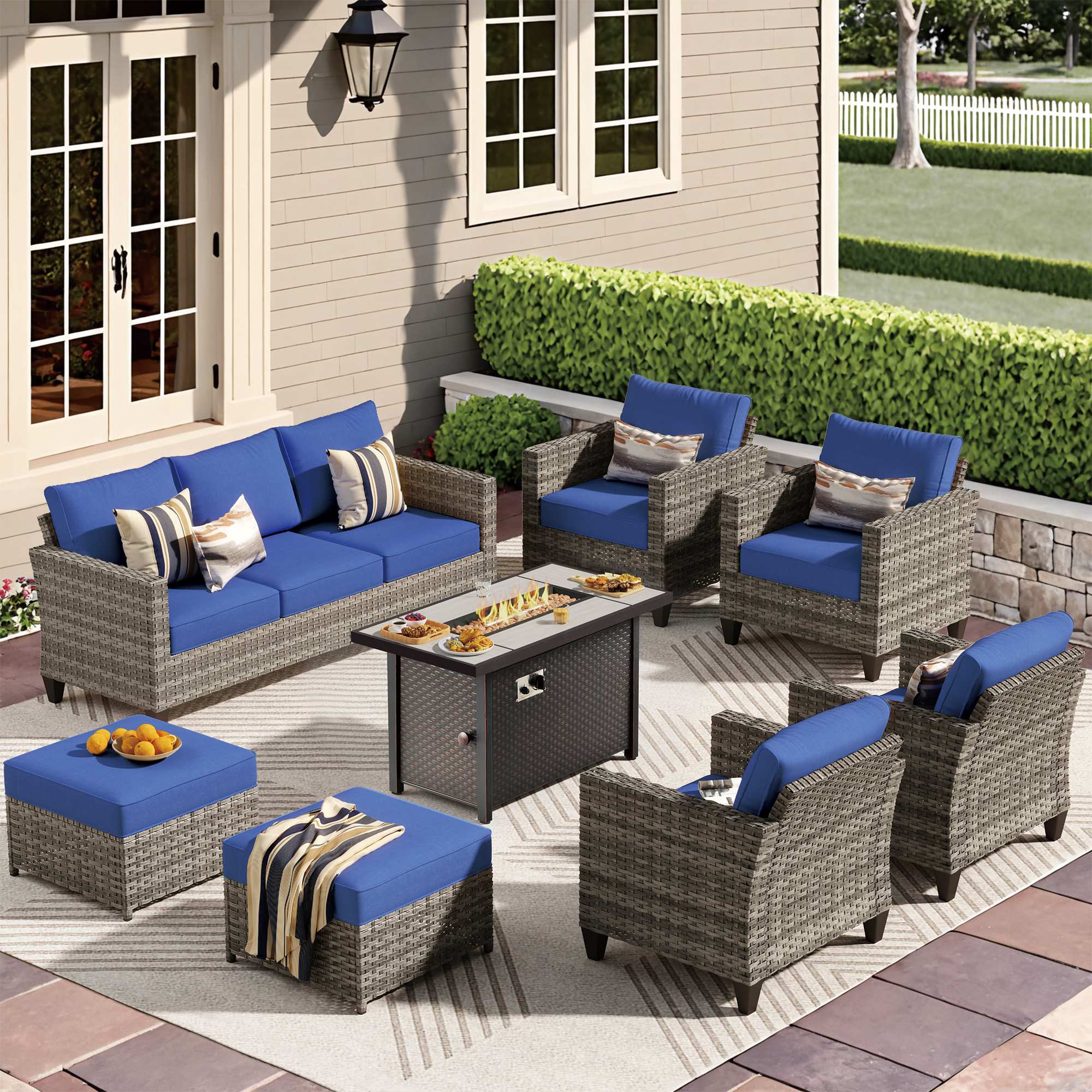OVIOS 8-Piece Wicker Patio Set with Metal Fire Pit Table, view 4
